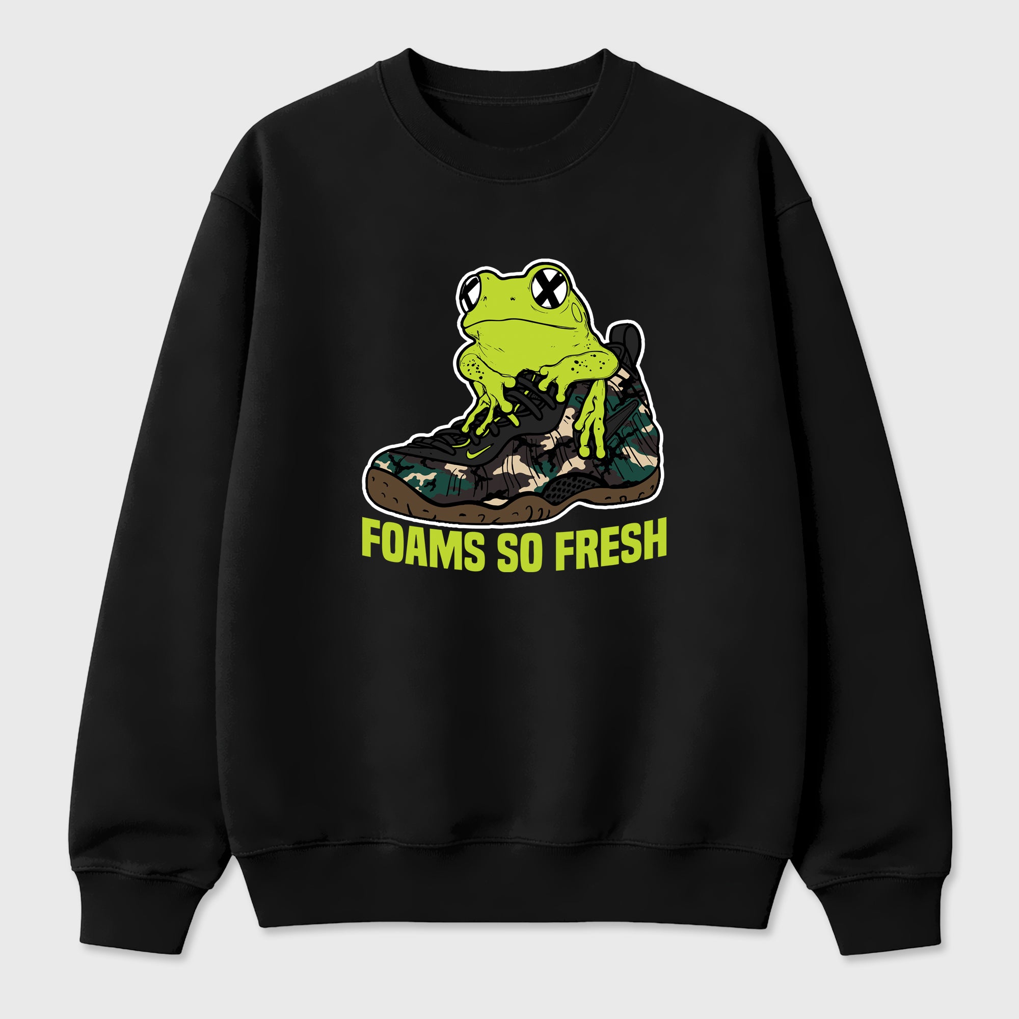 Foams So Fresh Graphic T-Shirt featuring original streetwear artwork designed to match the Air Foamposite Pro Green Camo. Black 2 Graphic Tee.
