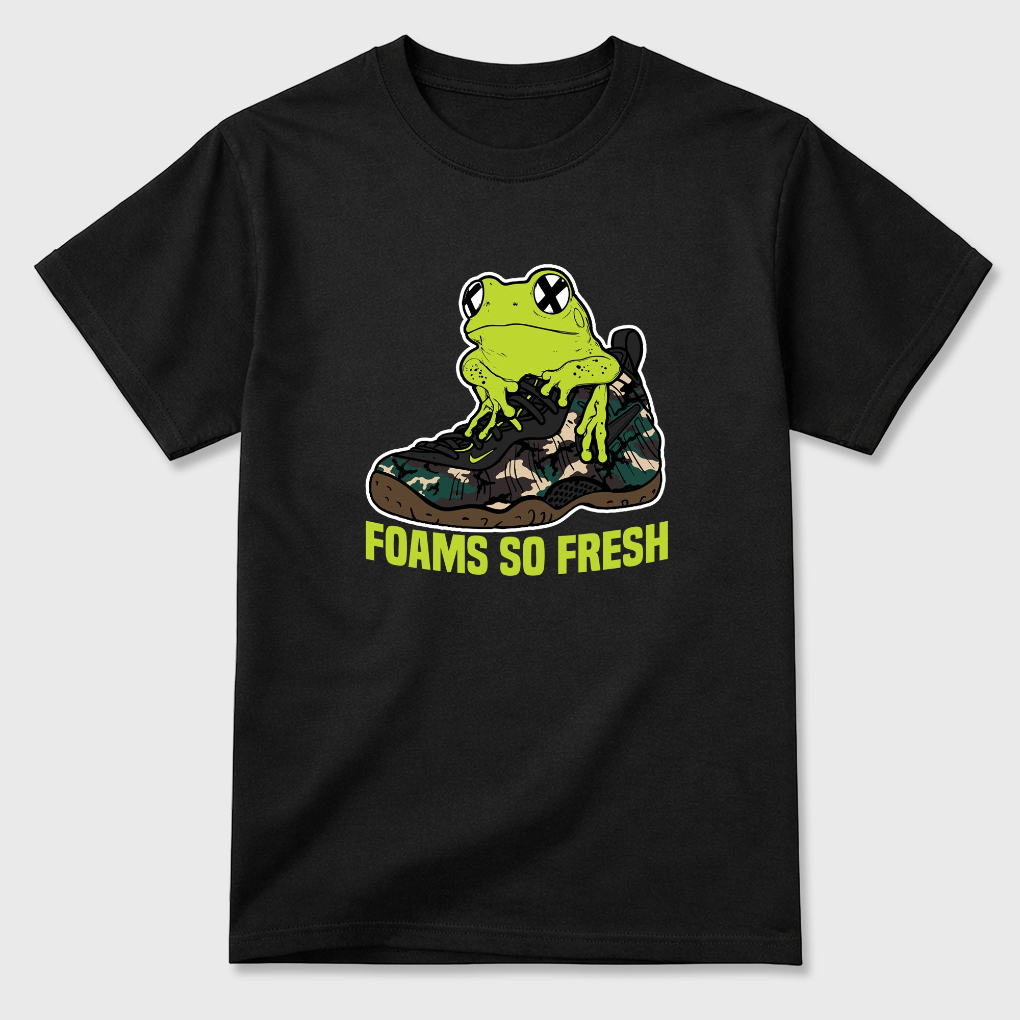 Foams So Fresh Graphic T-Shirt featuring original streetwear artwork designed to match the Air Foamposite Pro Green Camo. Black 2 Graphic T-Shirt.