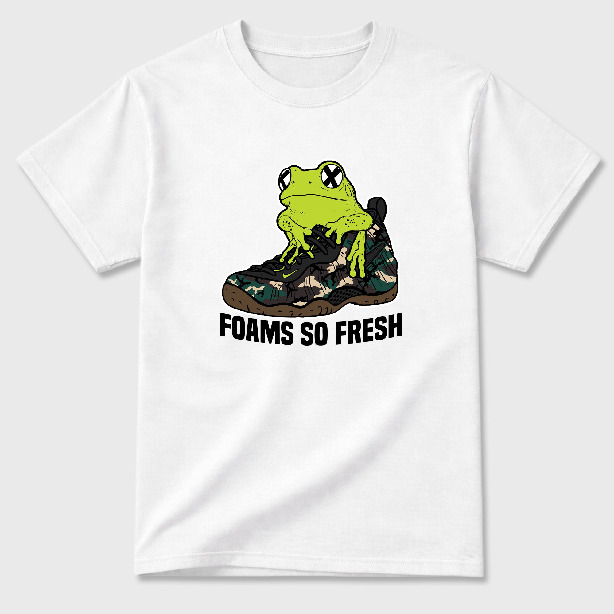 Foams So Fresh Graphic T-Shirt featuring original streetwear artwork designed to match the Air Foamposite Pro Green Camo. White 2 Graphic T-Shirt.
