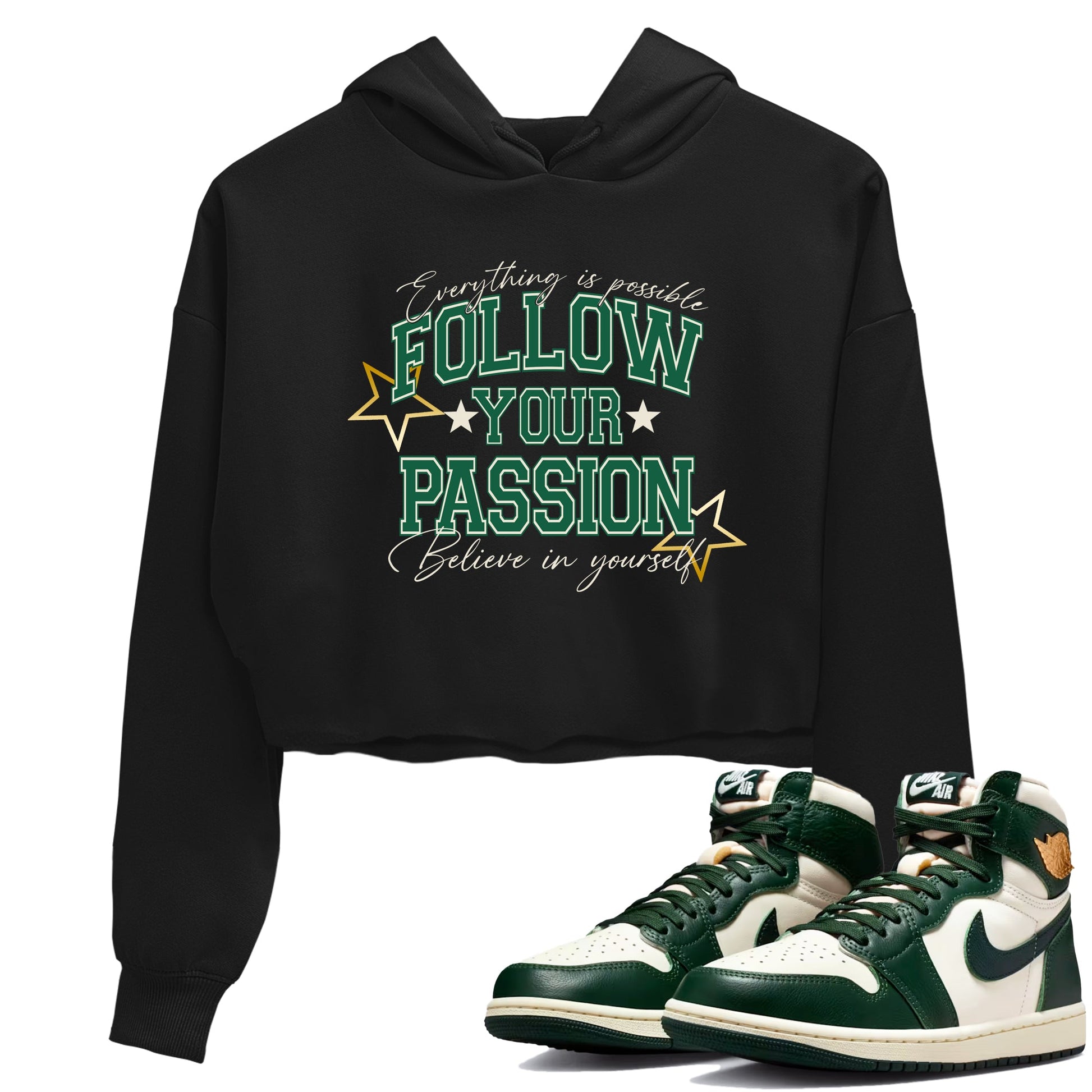 Sneaker Threads – Sneaker Tees To Match Air Jordan 1 Pro Green – Follow Your Passion Crop Tee Black 1. Perfect for Jordan releases 2025 colorways.