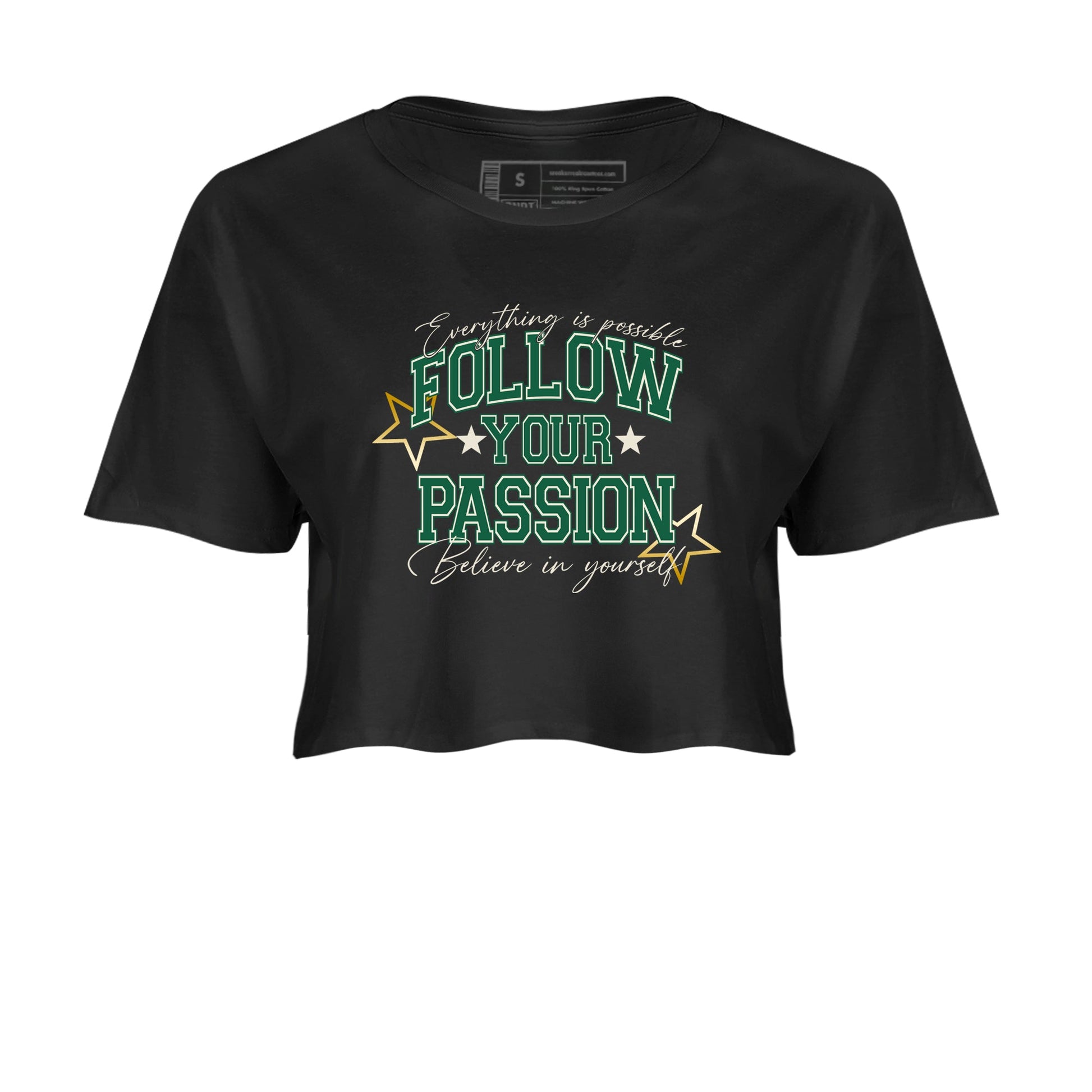 Sneaker Threads – Sneaker Tees To Match Air Jordan 1 Pro Green – Follow Your Passion Crop Tee Black 2. Perfect for Jordan releases 2025 colorways.