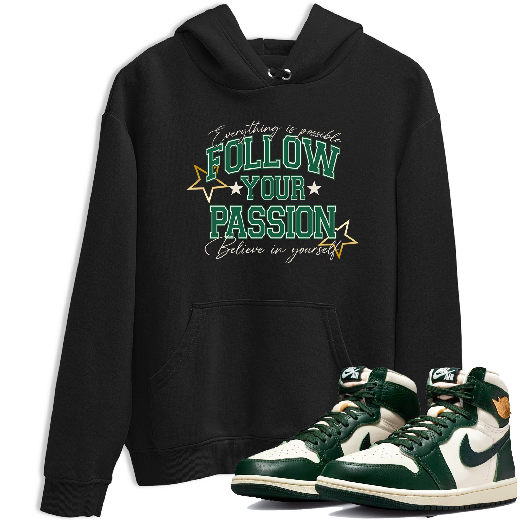 Sneaker Threads – Sneaker Tees To Match Air Jordan 1 Pro Green – Follow Your Passion Graphic Tee Black 1. Perfect for Jordan releases 2025 colorways.