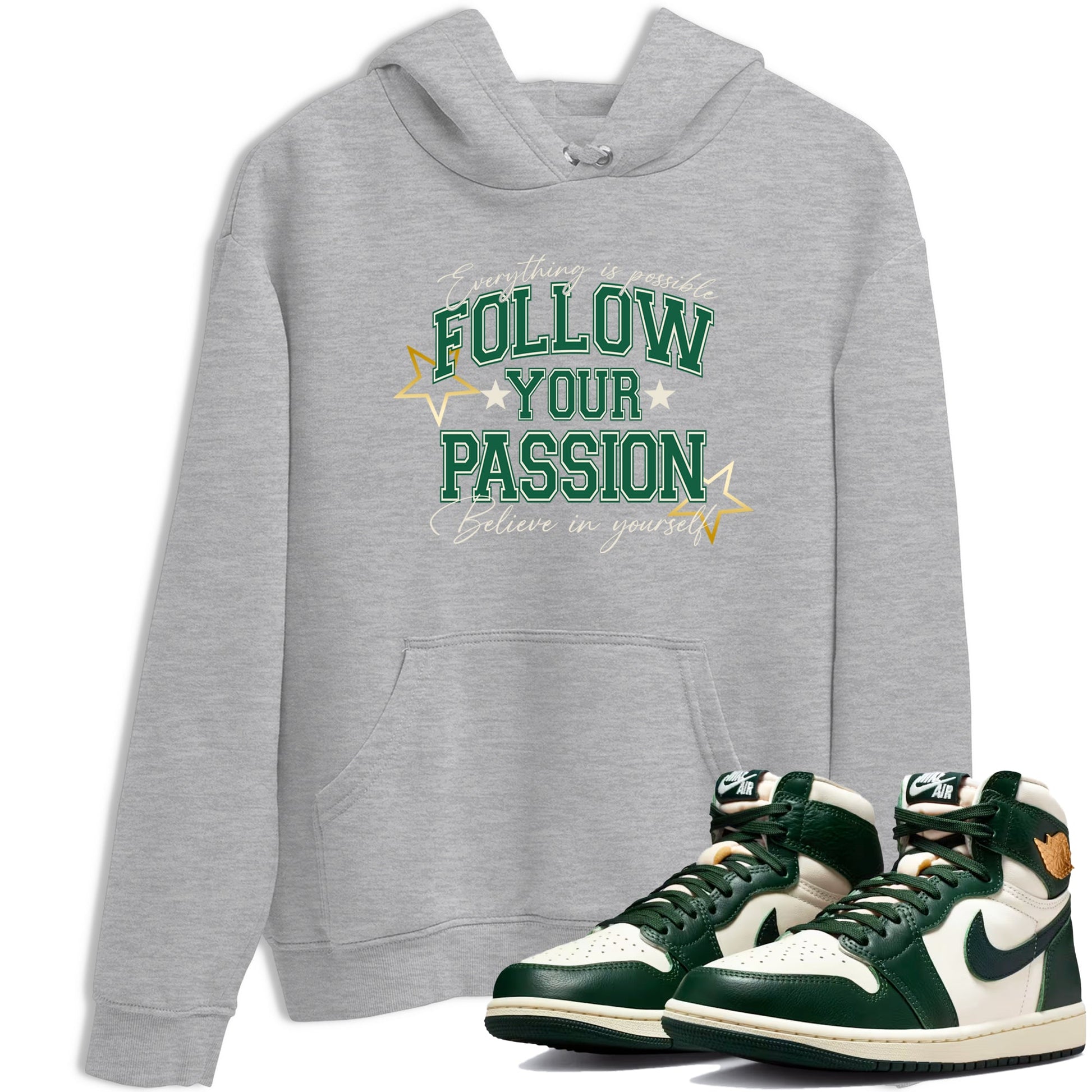Sneaker Threads – Sneaker Tees To Match Air Jordan 1 Pro Green – Follow Your Passion Graphic Tee Heather Grey 1. Perfect for Jordan releases 2025 colorways.