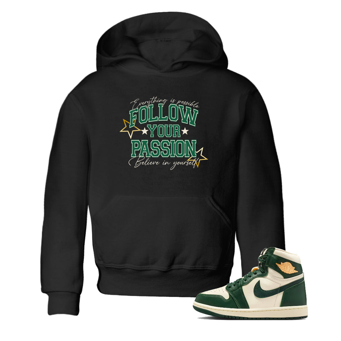 Sneaker Threads – Sneaker Tees To Match Air Jordan 1 Pro Green – Follow Your Passion Youth Graphic Tee Black 1. Perfect for Jordan releases 2025 colorways.
