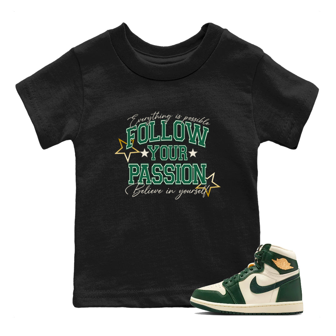 Sneaker Threads – Sneaker Tees To Match Air Jordan 1 Pro Green – Follow Your Passion Youth Graphic Tee Black 1. Perfect for Jordan releases 2025 colorways.