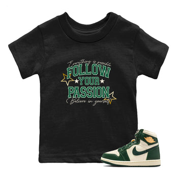 Sneaker Threads – Sneaker Tees To Match Air Jordan 1 Pro Green – Follow Your Passion Youth Graphic Tee Black 1. Perfect for Jordan releases 2025 colorways.