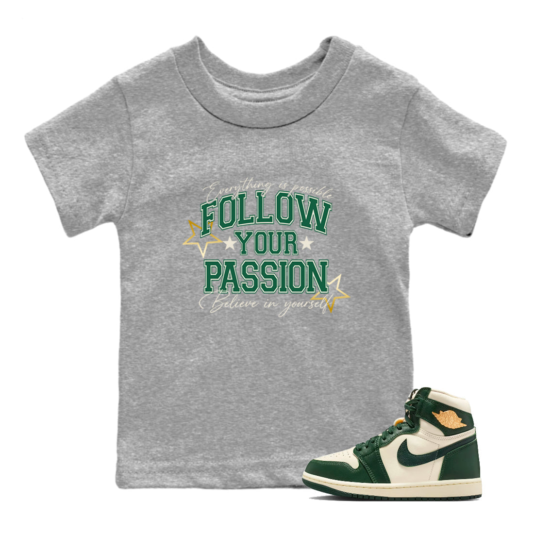 Sneaker Threads – Sneaker Tees To Match Air Jordan 1 Pro Green – Follow Your Passion Youth Graphic Tee Heather Grey 1. Perfect for Jordan releases 2025 colorways.