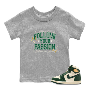 Sneaker Threads – Sneaker Tees To Match Air Jordan 1 Pro Green – Follow Your Passion Youth Graphic Tee Heather Grey 1. Perfect for Jordan releases 2025 colorways.