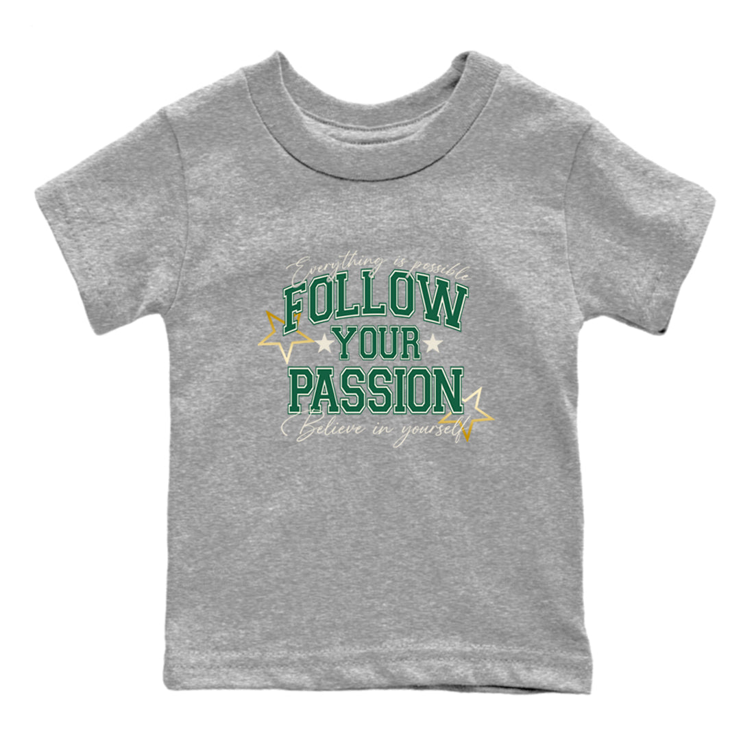 Sneaker Threads – Sneaker Tees To Match Air Jordan 1 Pro Green – Follow Your Passion Youth Graphic Tee Heather Grey 2. Perfect for Jordan releases 2025 colorways.