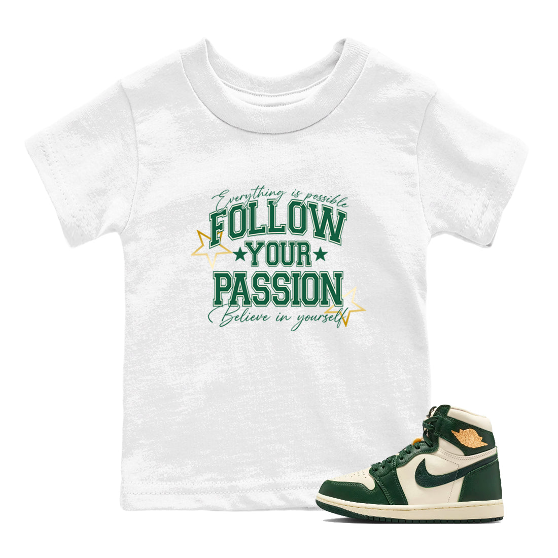 Sneaker Threads – Sneaker Tees To Match Air Jordan 1 Pro Green – Follow Your Passion Youth Graphic Tee White 1. Perfect for Jordan releases 2025 colorways.