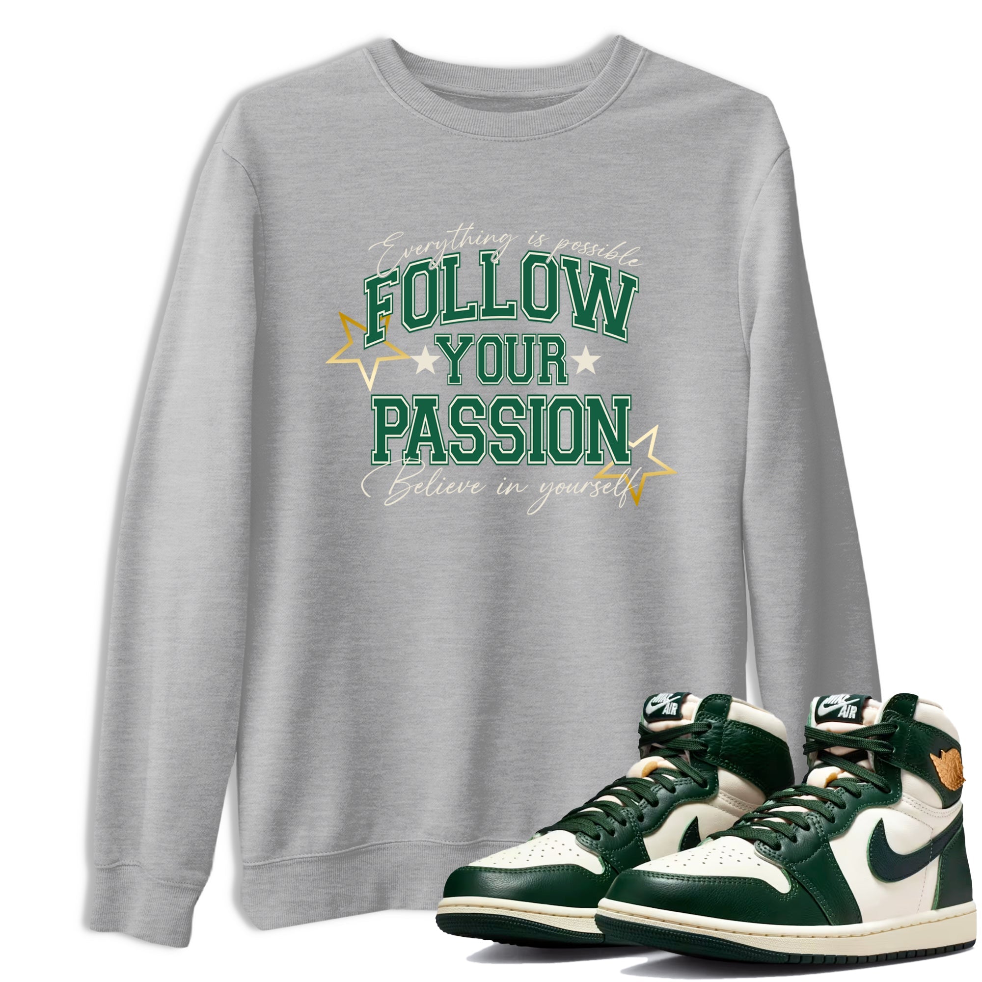 Sneaker Threads – Sneaker Tees To Match Air Jordan 1 Pro Green – Follow Your Passion Graphic Tee Heather Grey 1. Perfect for Jordan releases 2025 colorways.