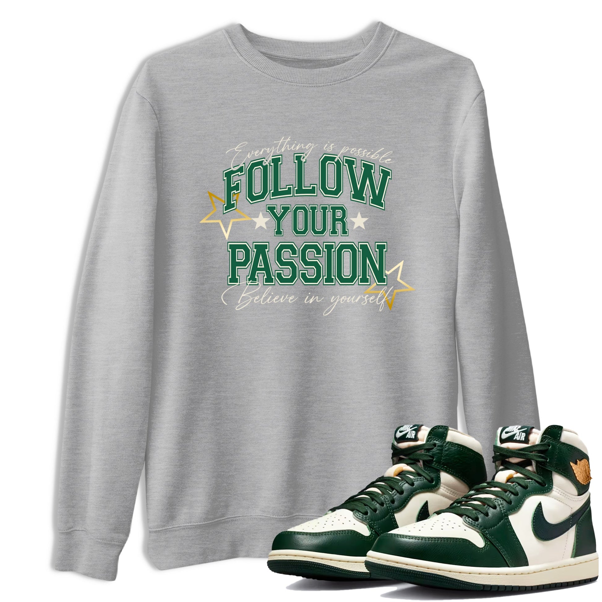 Sneaker Threads – Sneaker Tees To Match Air Jordan 1 Pro Green – Follow Your Passion Graphic Tee Heather Grey 1. Perfect for Jordan releases 2025 colorways.