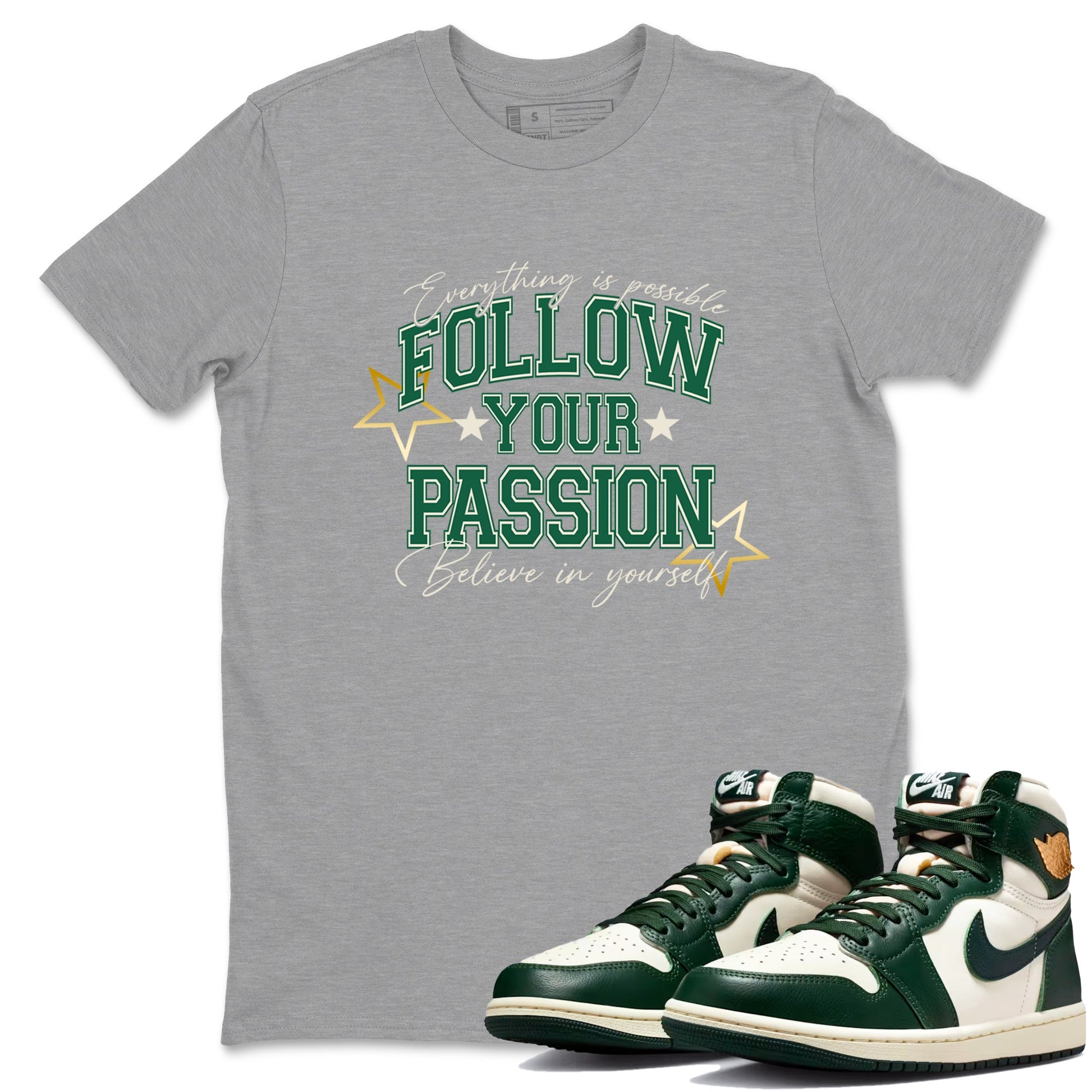 Sneaker Threads – Sneaker Tees To Match Air Jordan 1 Pro Green – Follow Your Passion Graphic Tee Heather Grey 1. Perfect for Jordan releases 2025 colorways.