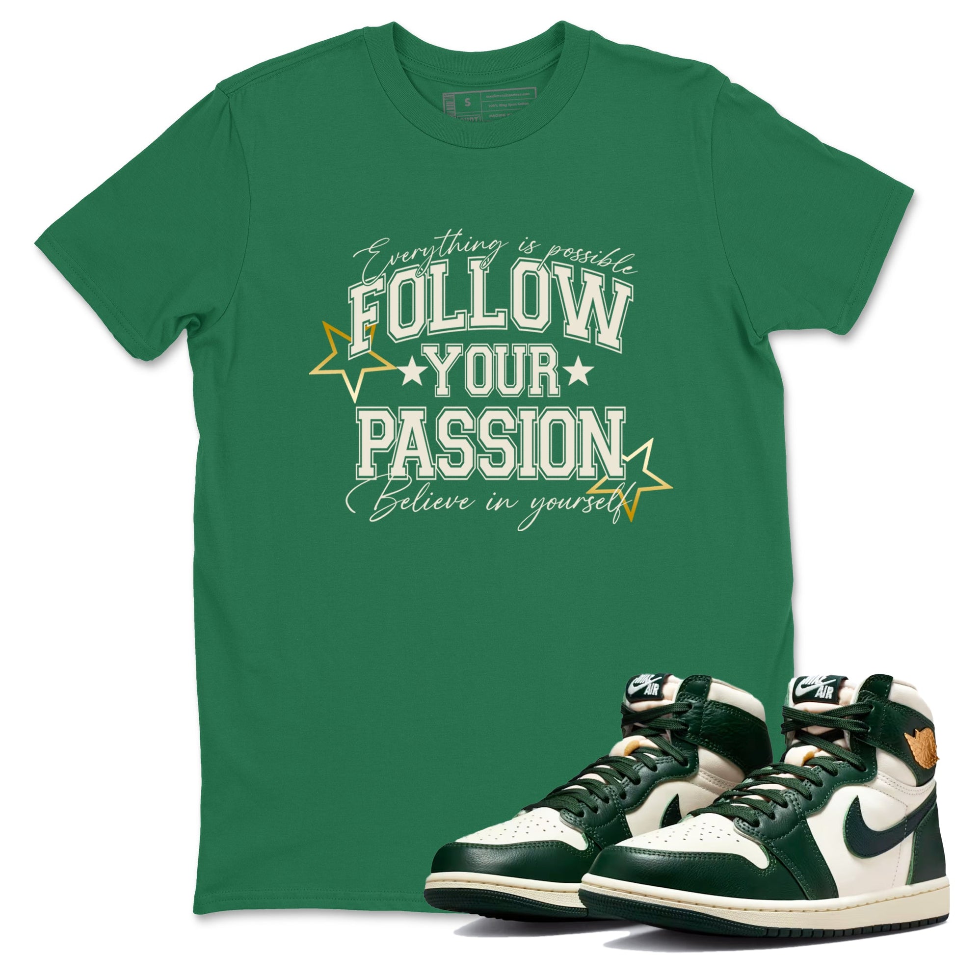 Sneaker Threads – Sneaker Tees To Match Air Jordan 1 Pro Green – Follow Your Passion Graphic Tee Kelly Green 1. Perfect for Jordan releases 2025 colorways.