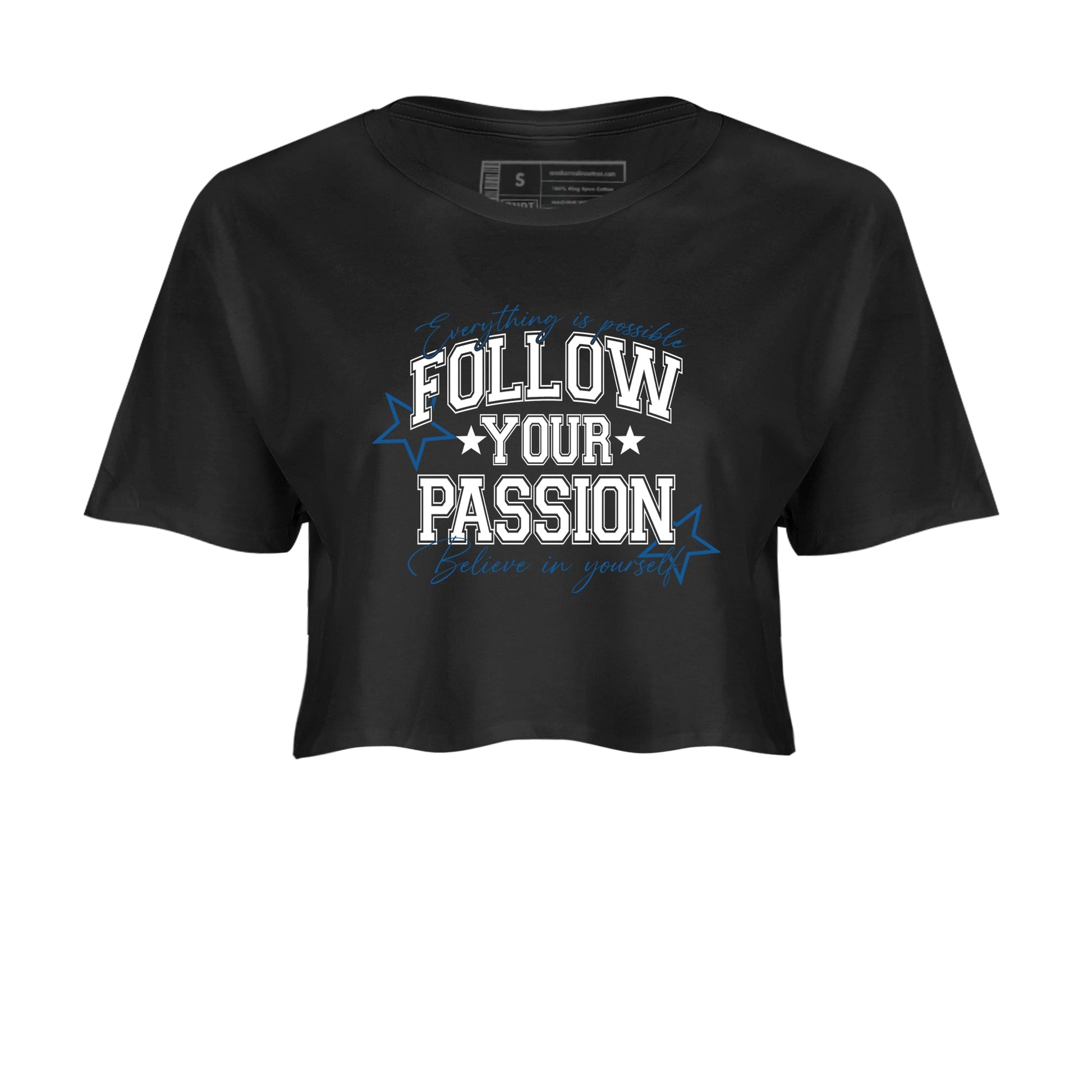 Sneaker match tees – Sneaker Tees To Match Air Jordan 1 Travis Scott Fragment Sneakers – Follow Your Passion Crop Graphic T-Shirt Black 2