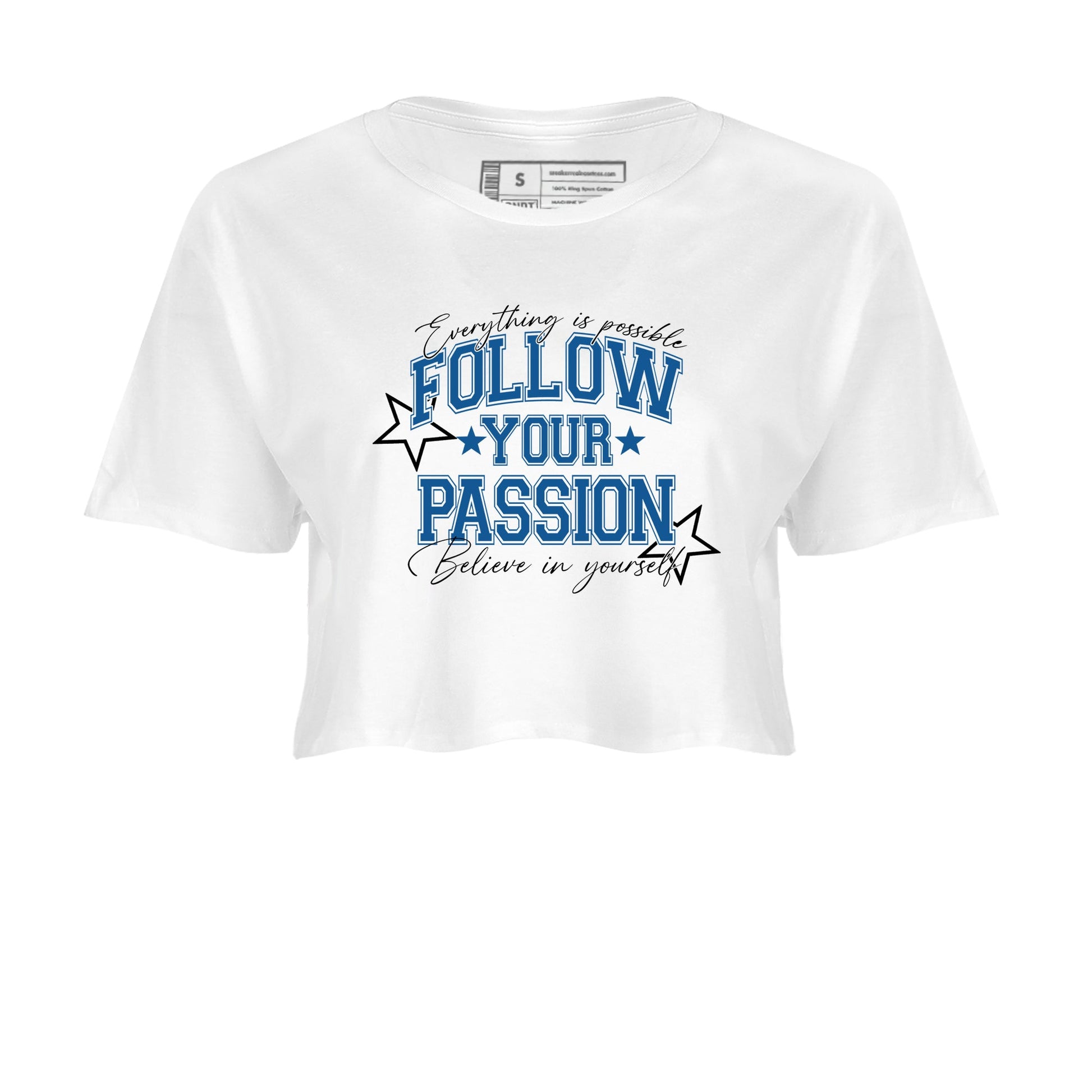 Sneaker match tees – Sneaker Tees To Match Air Jordan 1 Travis Scott Fragment Sneakers – Follow Your Passion Crop Graphic T-Shirt White 2