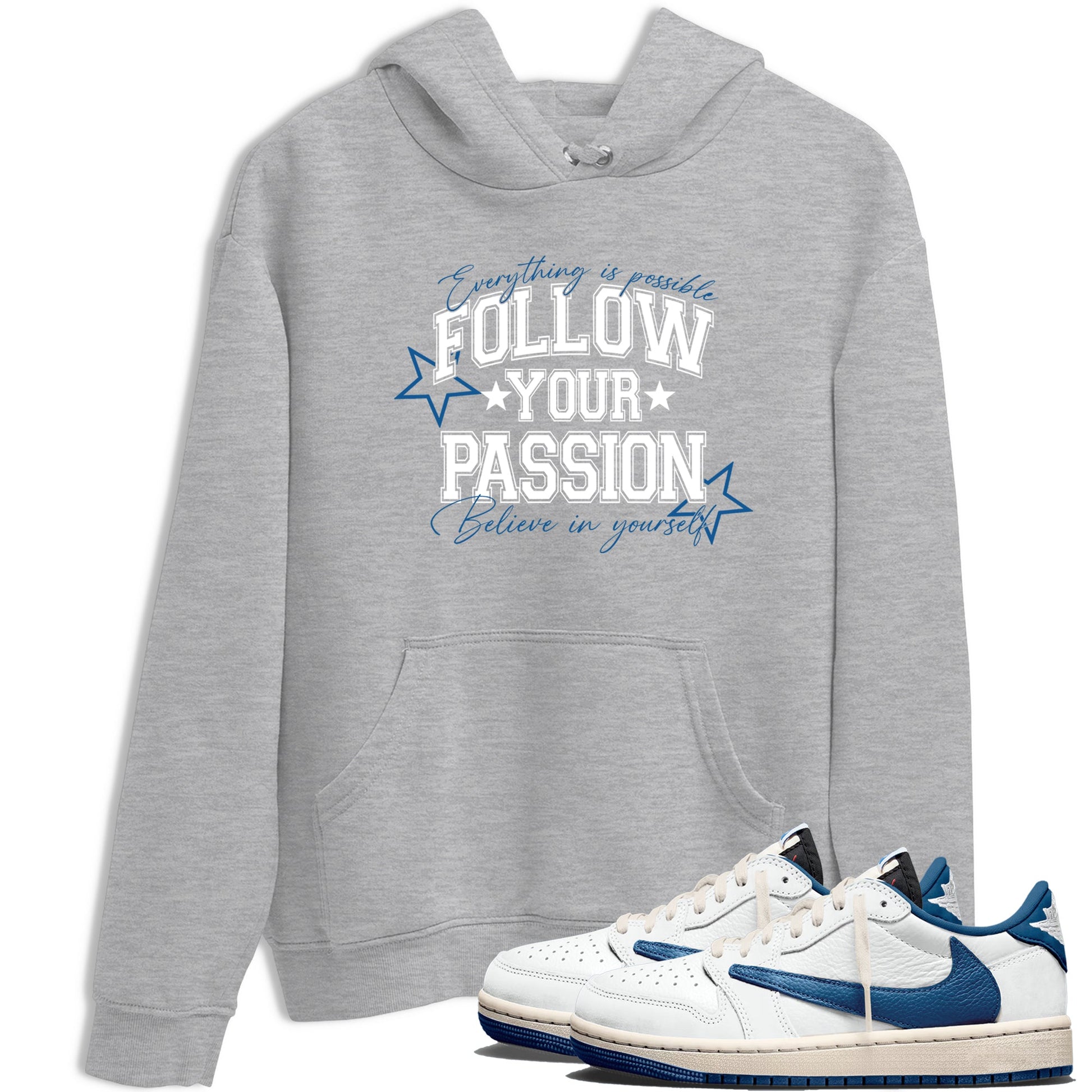 Sneaker match tees – Sneaker Tees To Match Air Jordan 1 Travis Scott Fragment Sneakers – Follow Your Passion Graphic Tee Heather Grey 1