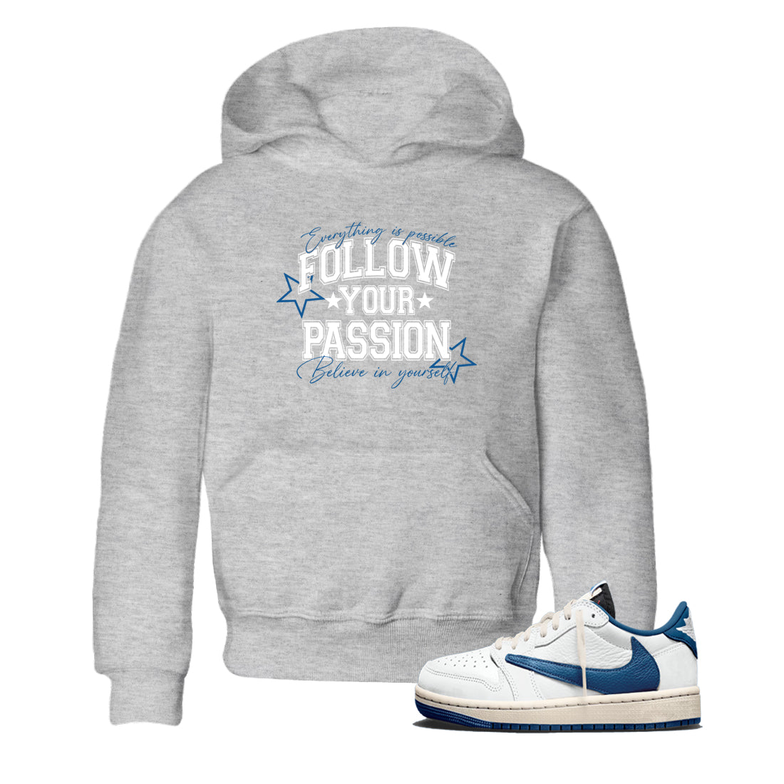 Sneaker match tees – Sneaker Tees To Match Air Jordan 1 Travis Scott Fragment Sneakers – Follow Your Passion Kids Graphic T-Shirt Heather Grey 1