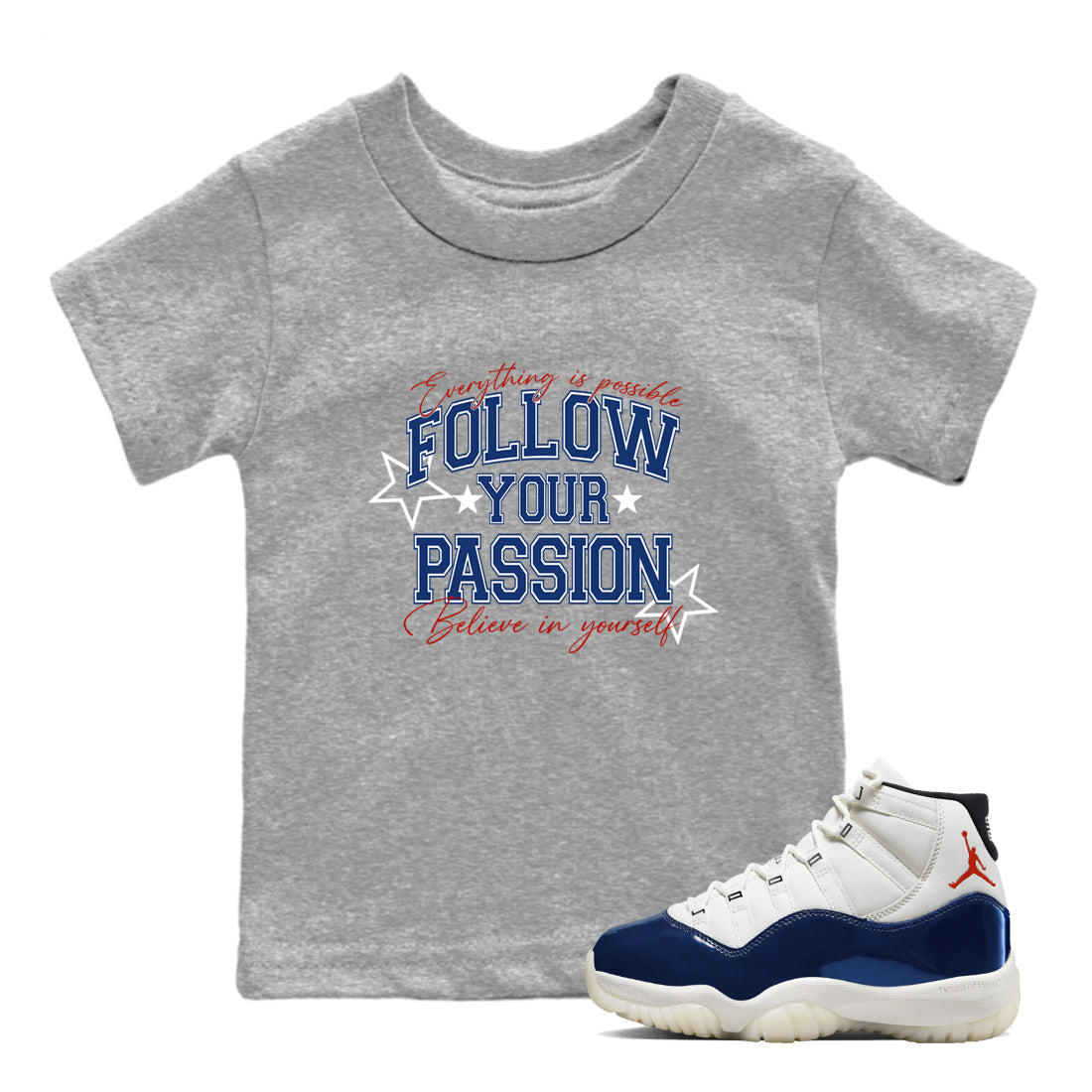 Sneaker match tees – Sneaker Threads To Match Air Jordan 11 Rare Air Shoes – Follow Your Passion Kids T-Shirt Heather Grey 1