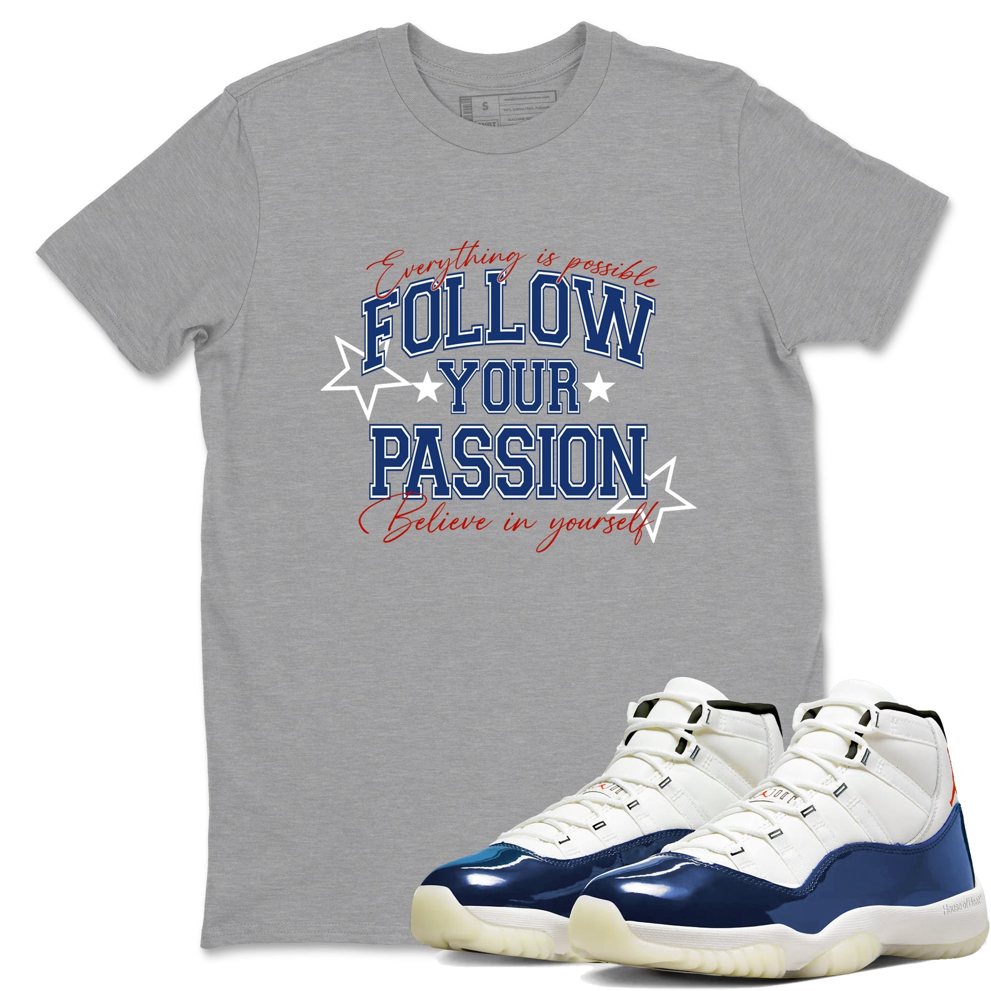 Sneaker match tees – Sneaker Threads To Match Air Jordan 11 Rare Air Shoes – Follow Your Passion Tee Heather Grey 1