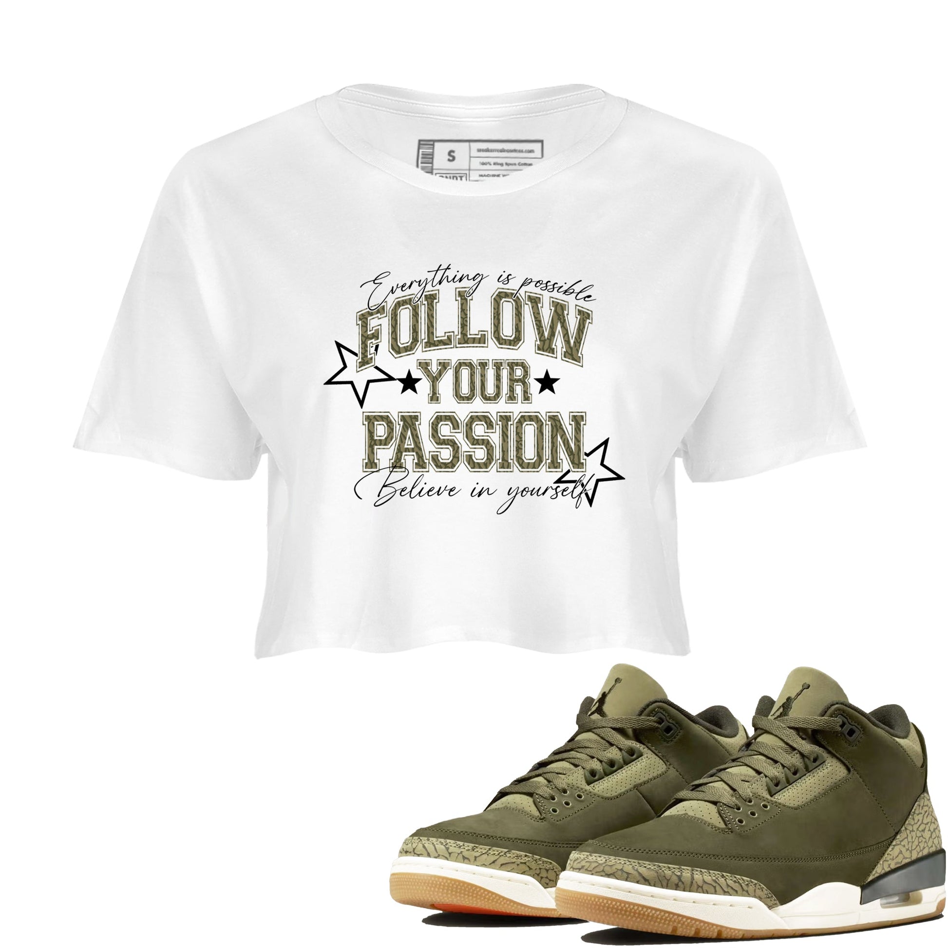 Sneaker Threads – Sneaker Threads To Match Air Jordan 3 Family Affair Shoes – Follow Your Passion Crop T-Shirt White 1