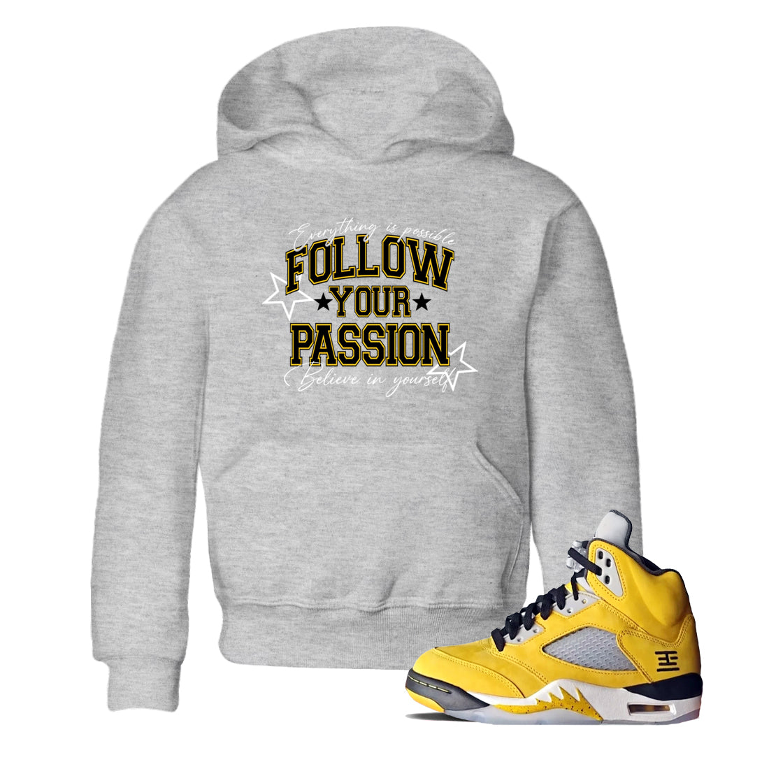 Sneaker match tees – Sneaker Tees To Match Air Jordan 5 Tokyo Shoes – Follow Your Passion Kids T-Shirt Heather Grey 1