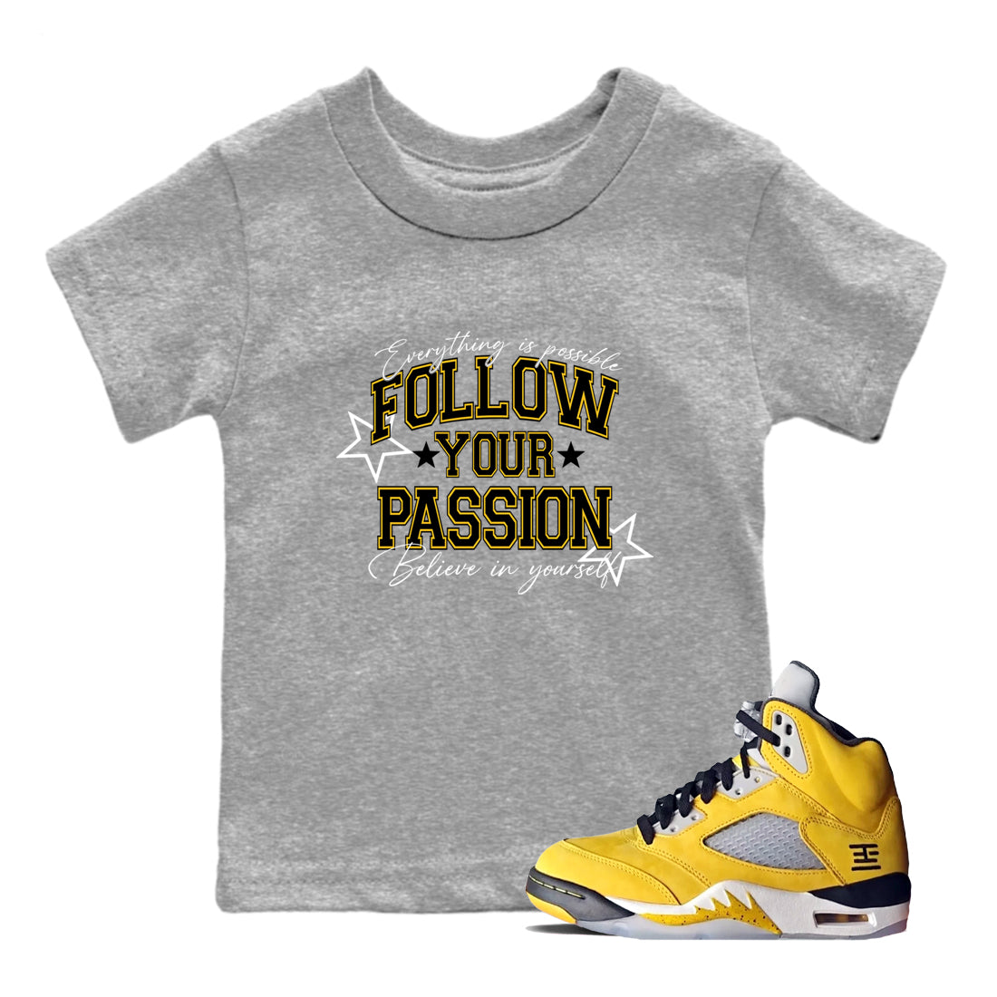 Sneaker match tees – Sneaker Tees To Match Air Jordan 5 Tokyo Shoes – Follow Your Passion Kids T-Shirt Heather Grey 1