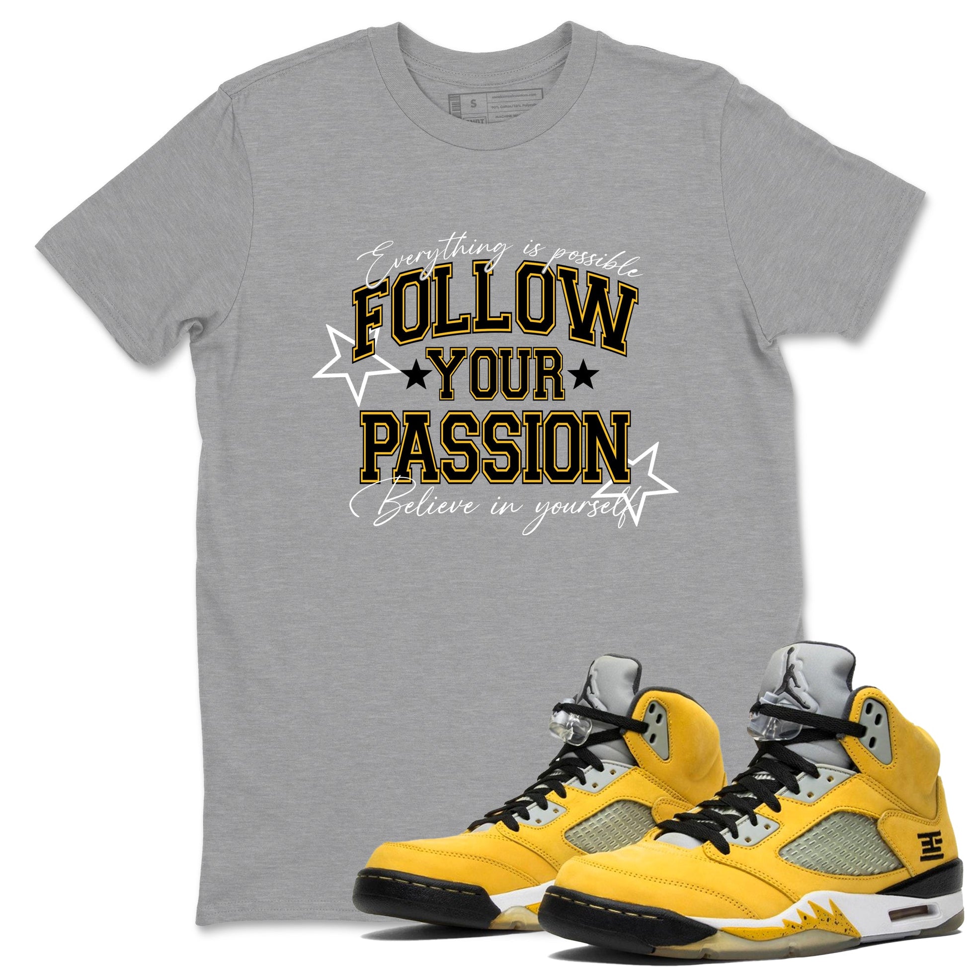 Sneaker match tees – Sneaker Tees To Match Air Jordan 5 Tokyo Shoes – Follow Your Passion Tee Heather Grey 1