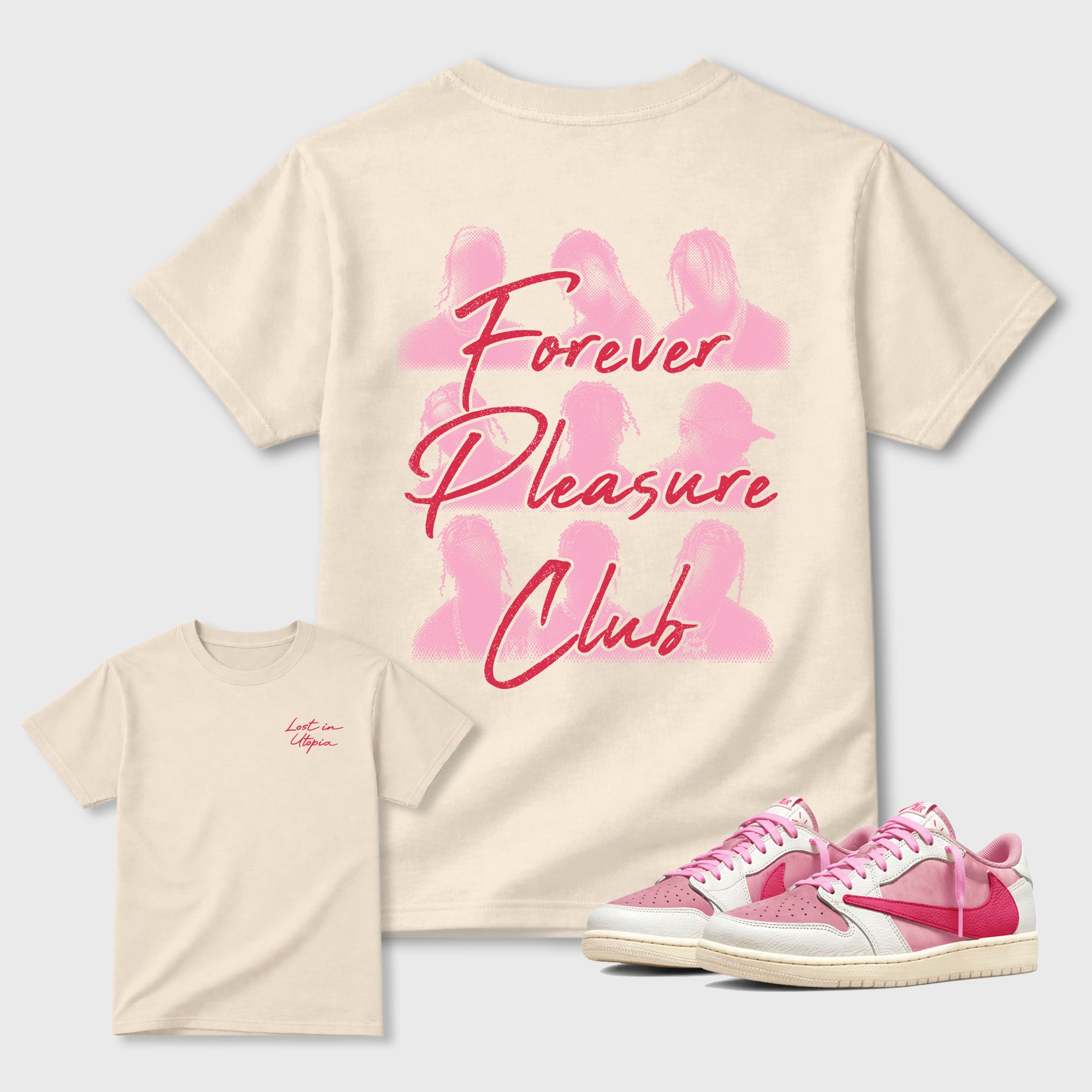 Forever Pleasure Club Graphic T-Shirt sneaker match tee designed for the Jordan 1 Low x Travis Scott Trpical Pink, featuring coordinated color options for a perfect streetwear match. Natural shirt.