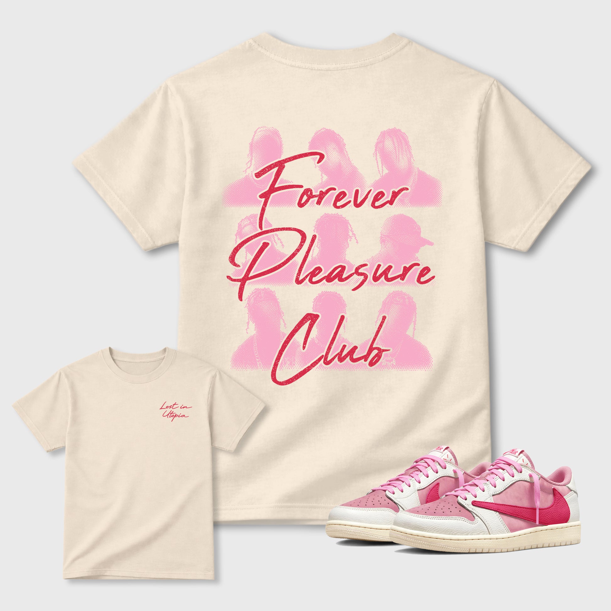 Forever Pleasure Club Graphic T-Shirt sneaker match tee designed for the Jordan 1 Low x Travis Scott Trpical Pink, featuring coordinated color options for a perfect streetwear match. Natural shirt.