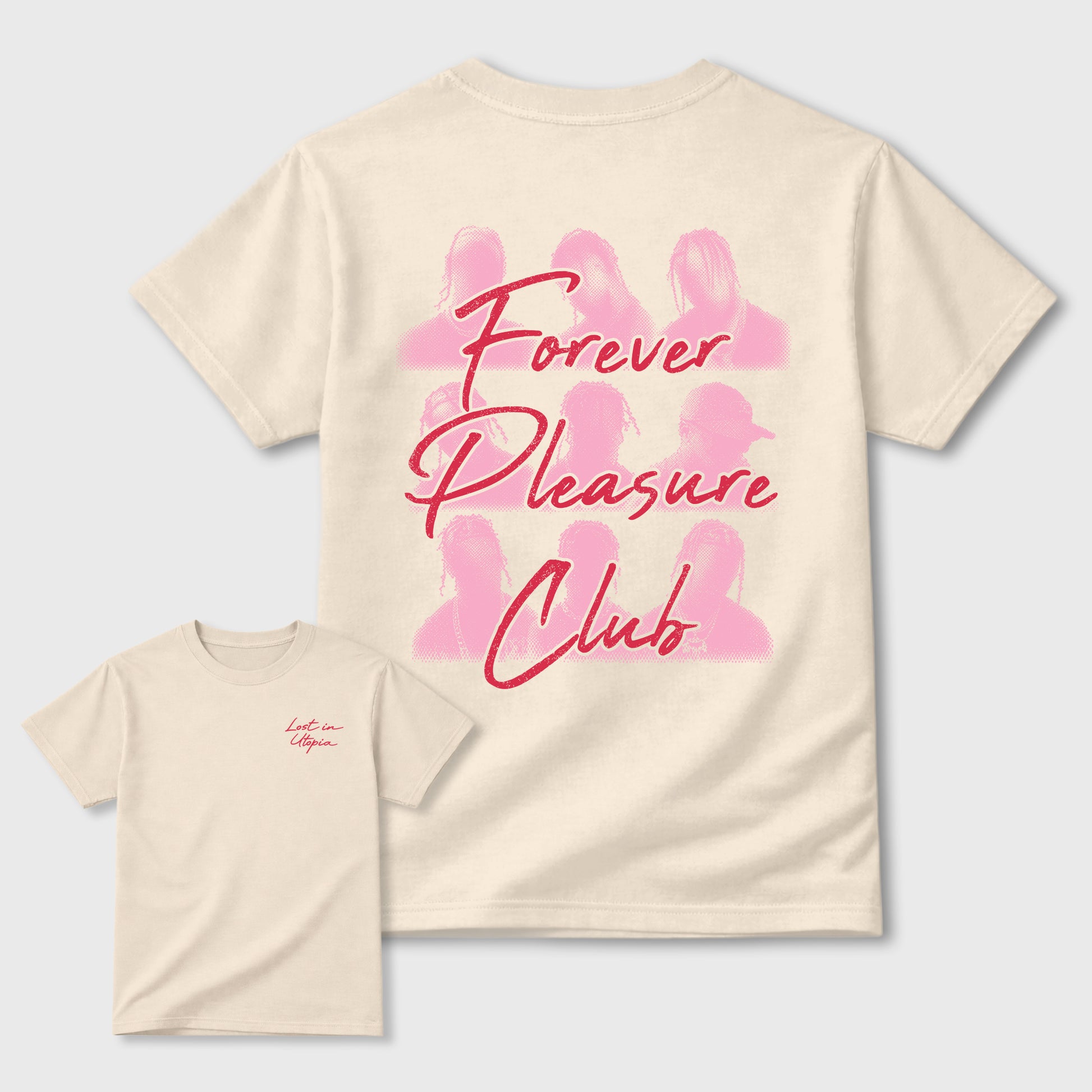 Forever Pleasure Club Graphic T-Shirt sneaker match tee designed for the Jordan 1 Low x Travis Scott Trpical Pink, featuring coordinated color options for a perfect streetwear match. Natural shirt.