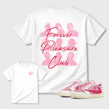 Forever Pleasure Club Graphic T-Shirt sneaker match tee designed for the Air Jordan 1 Travis Scott Tropical Pink sneakers, featuring coordinated color options for a perfect streetwear match. White shirt.