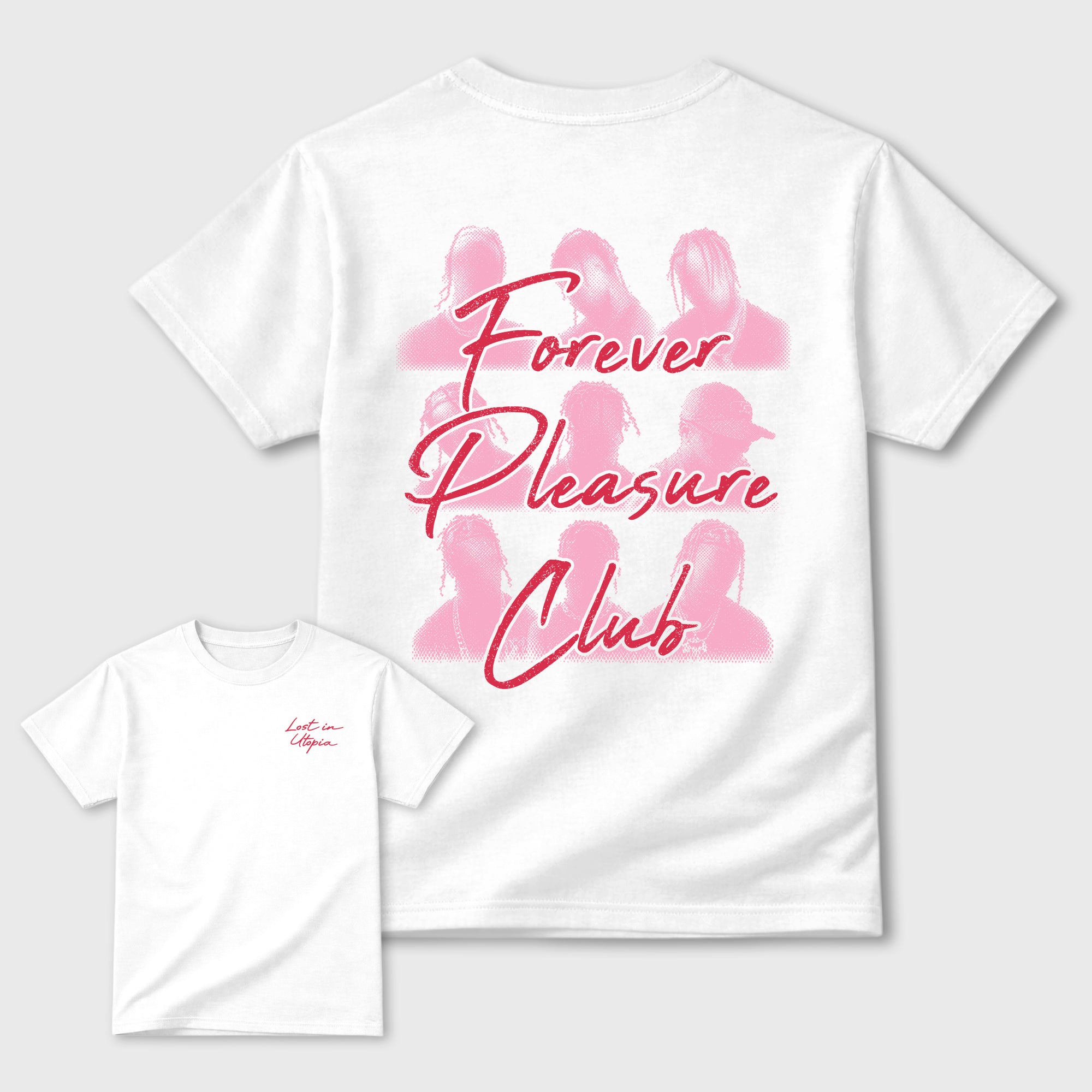 Forever Pleasure Club Graphic T-Shirt sneaker match tee designed for the Jordan 1 Low x Travis Scott Trpical Pink, featuring coordinated color options for a perfect streetwear match. White shirt.