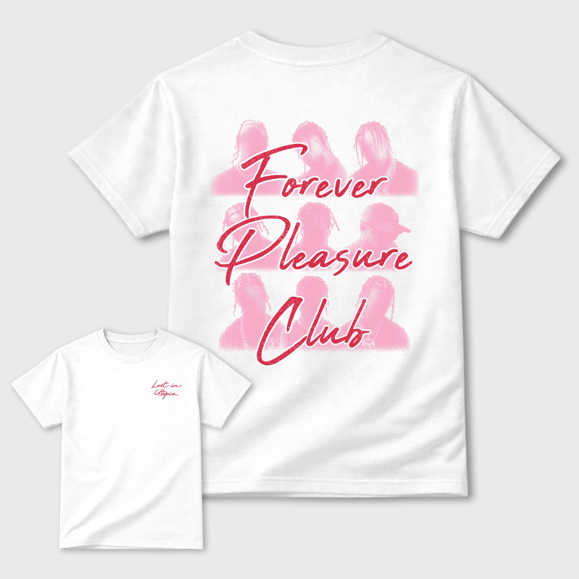 Forever Pleasure Club Graphic T-Shirt sneaker match tee designed for the Jordan 1 Low x Travis Scott Trpical Pink, featuring coordinated color options for a perfect streetwear match. White shirt.