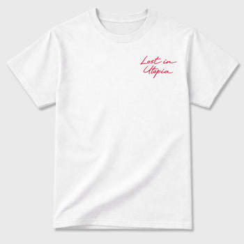 Forever Pleasure Club Graphic T-Shirt sneaker match tee designed for the Jordan 1 Low x Travis Scott Trpical Pink, featuring coordinated color options for a perfect streetwear match. White shirt.