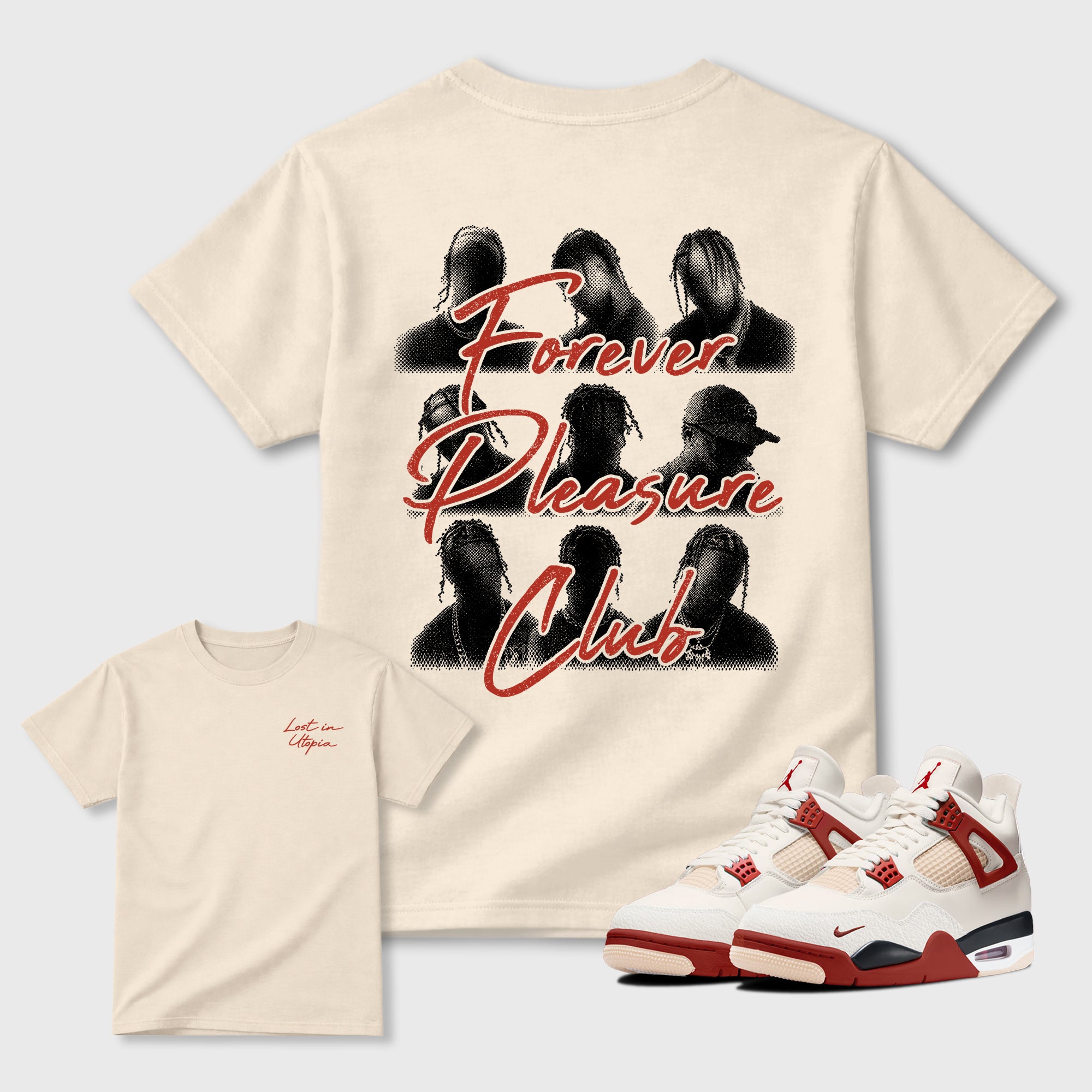 Forever Pleasure Club Graphic T-Shirt sneaker match tee designed for the Air Jordan 4 Brick After Brick sneakers, featuring coordinated color options for a perfect streetwear match. Natural shirt.