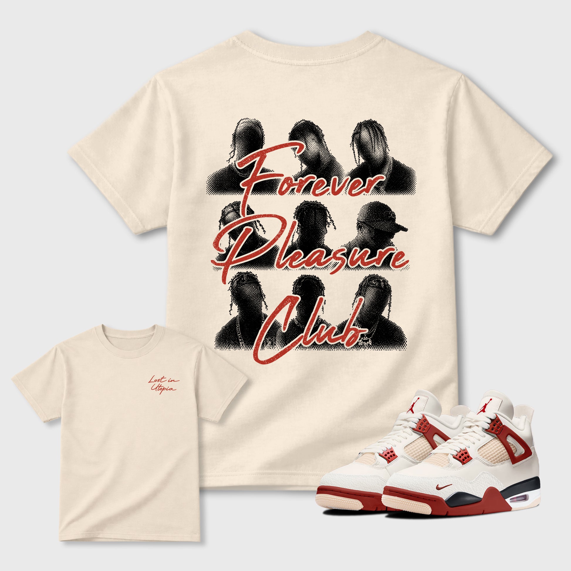 Forever Pleasure Club Graphic T-Shirt sneaker match tee designed for the Air Jordan 4 Brick After Brick sneakers, featuring coordinated color options for a perfect streetwear match. Natural shirt.