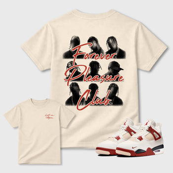 Forever Pleasure Club Graphic T-Shirt sneaker match tee designed for the Air Jordan 4 Brick After Brick sneakers, featuring coordinated color options for a perfect streetwear match. Natural shirt.