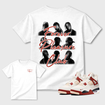 Forever Pleasure Club Graphic T-Shirt sneaker match tee designed for the sneakers, featuring coordinated color options for a perfect streetwear match. White shirt.