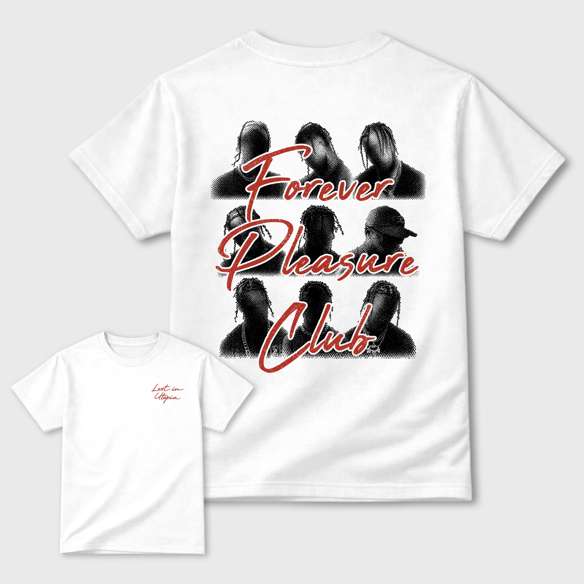 Forever Pleasure Club Graphic T-Shirt sneaker match tee designed for the sneakers, featuring coordinated color options for a perfect streetwear match. White shirt.