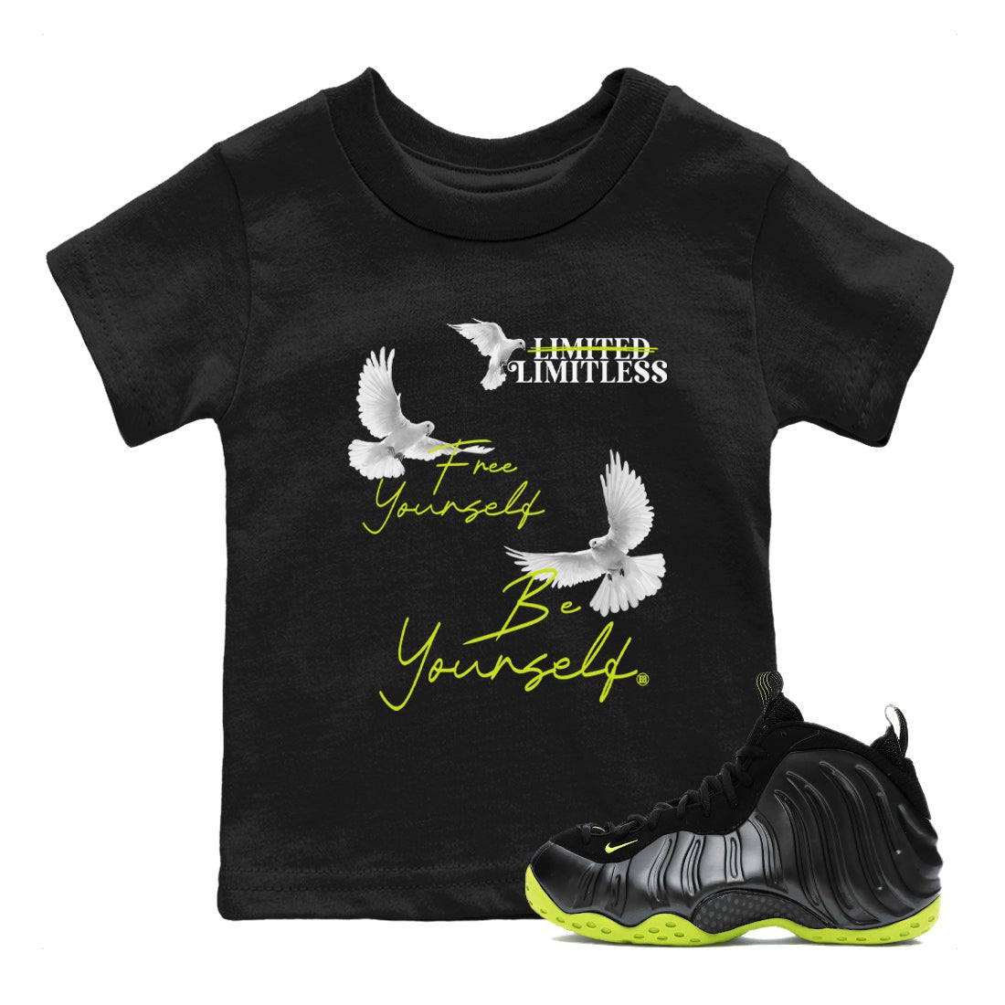 Foams One Black Volt shirts to match jordans Free Yourself Be Yourself sneaker match tees Air Foamposite One Black Volt match shoes to clothes SNRT Sneaker Tees Youth Baby Black 1 tee