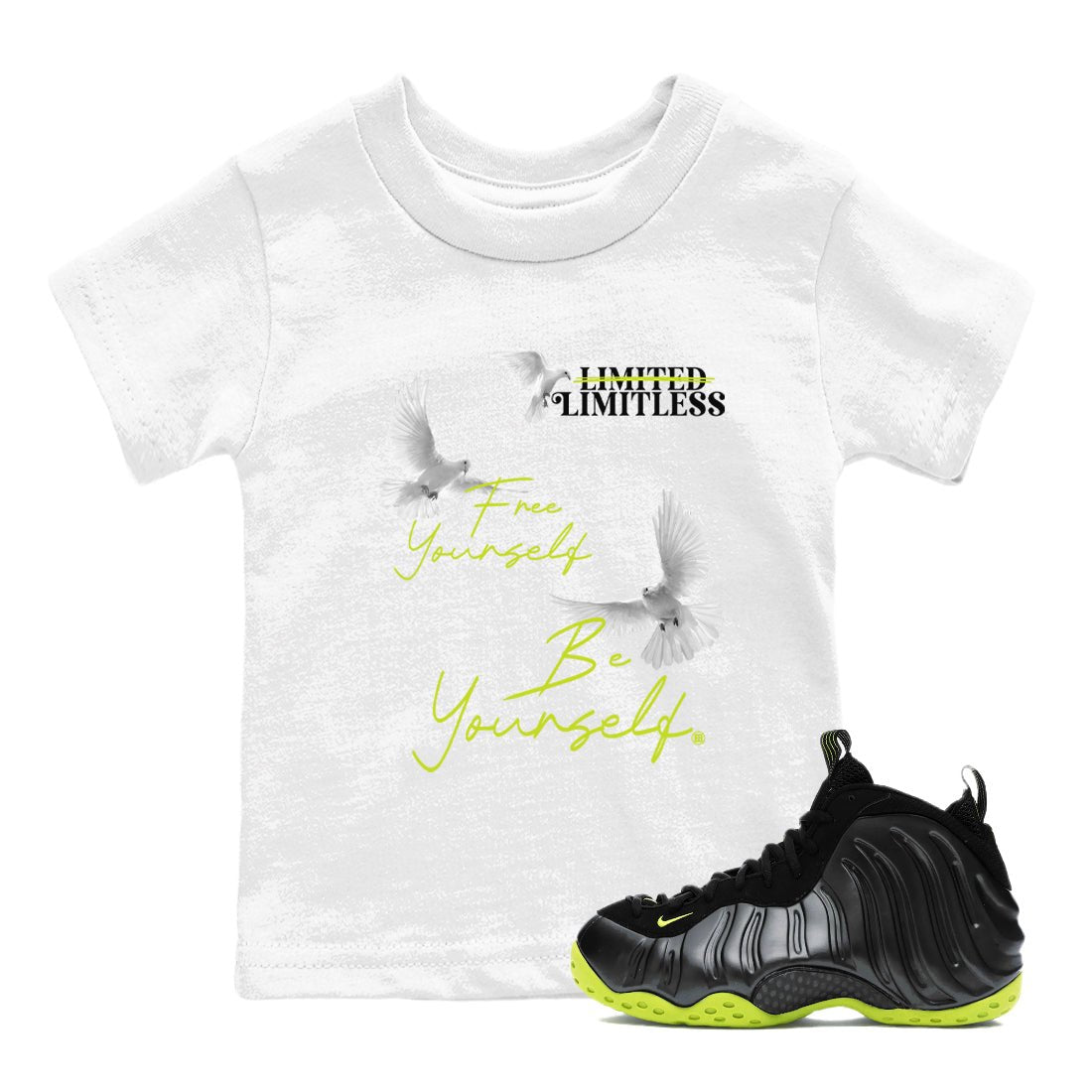 Foams One Black Volt shirts to match jordans Free Yourself Be Yourself sneaker match tees Air Foamposite One Black Volt match shoes to clothes SNRT Sneaker Tees Youth Baby White 1 tee