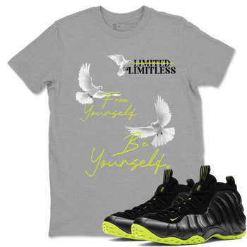 Foams One Black Volt shirts to match jordans Free Yourself Be Yourself sneaker match tees Air Foamposite One Black Volt match shoes to clothes SNRT Sneaker Tees unisex cotton Heather Grey 1 shirts