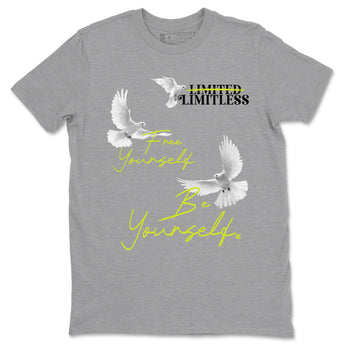 Foams One Black Volt shirts to match jordans Free Yourself Be Yourself sneaker match tees Air Foamposite One Black Volt match shoes to clothes SNRT Sneaker Tees unisex cotton Heather Grey 2 shirts