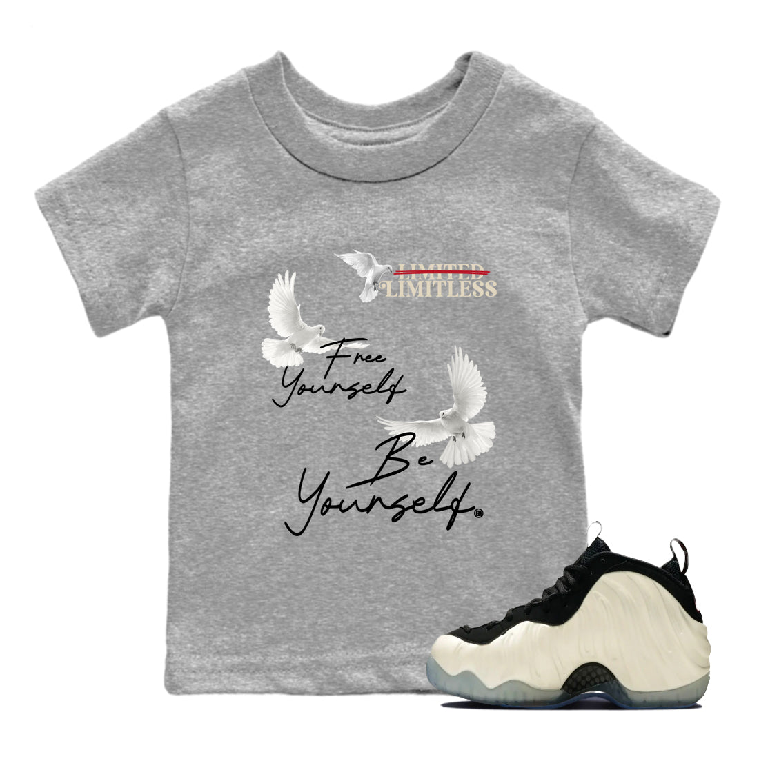 Sneaker Threads – Sneaker Tees To Match Air Foamposite One Pearl – Free Yourself Be Yourself Youth Graphic Tee Heather Grey 1. Perfect for Jordan releases 2025 colorways.
