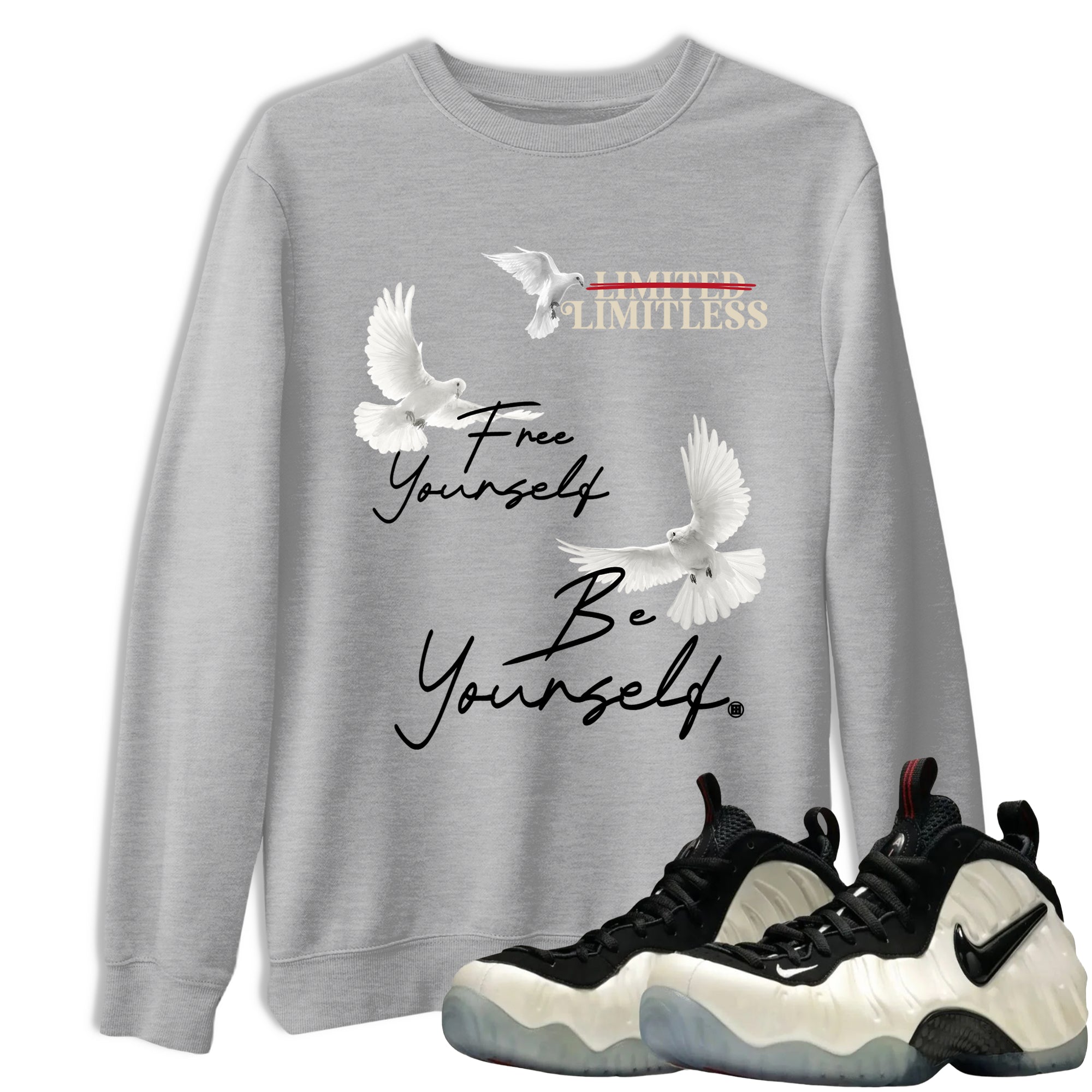 Sneaker Threads – Sneaker Tees To Match Air Foamposite One Pearl – Free Yourself Be Yourself Graphic Tee Heather Grey 1. Perfect for Jordan releases 2025 colorways.