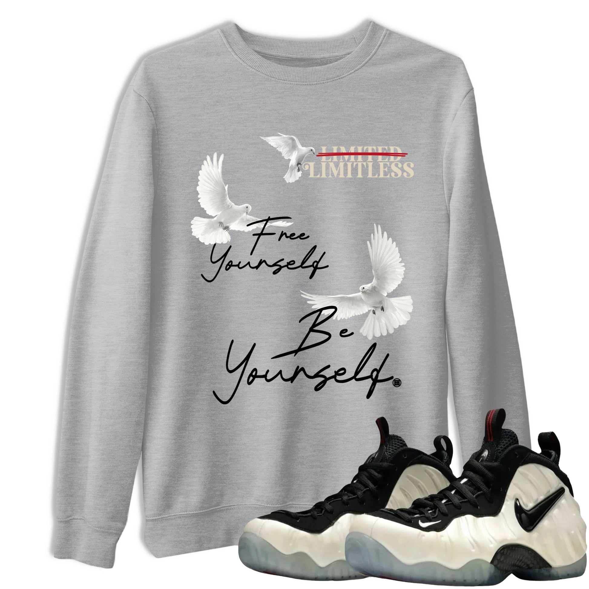 Sneaker Threads – Sneaker Tees To Match Air Foamposite One Pearl – Free Yourself Be Yourself Graphic Tee Heather Grey 1. Perfect for Jordan releases 2025 colorways.