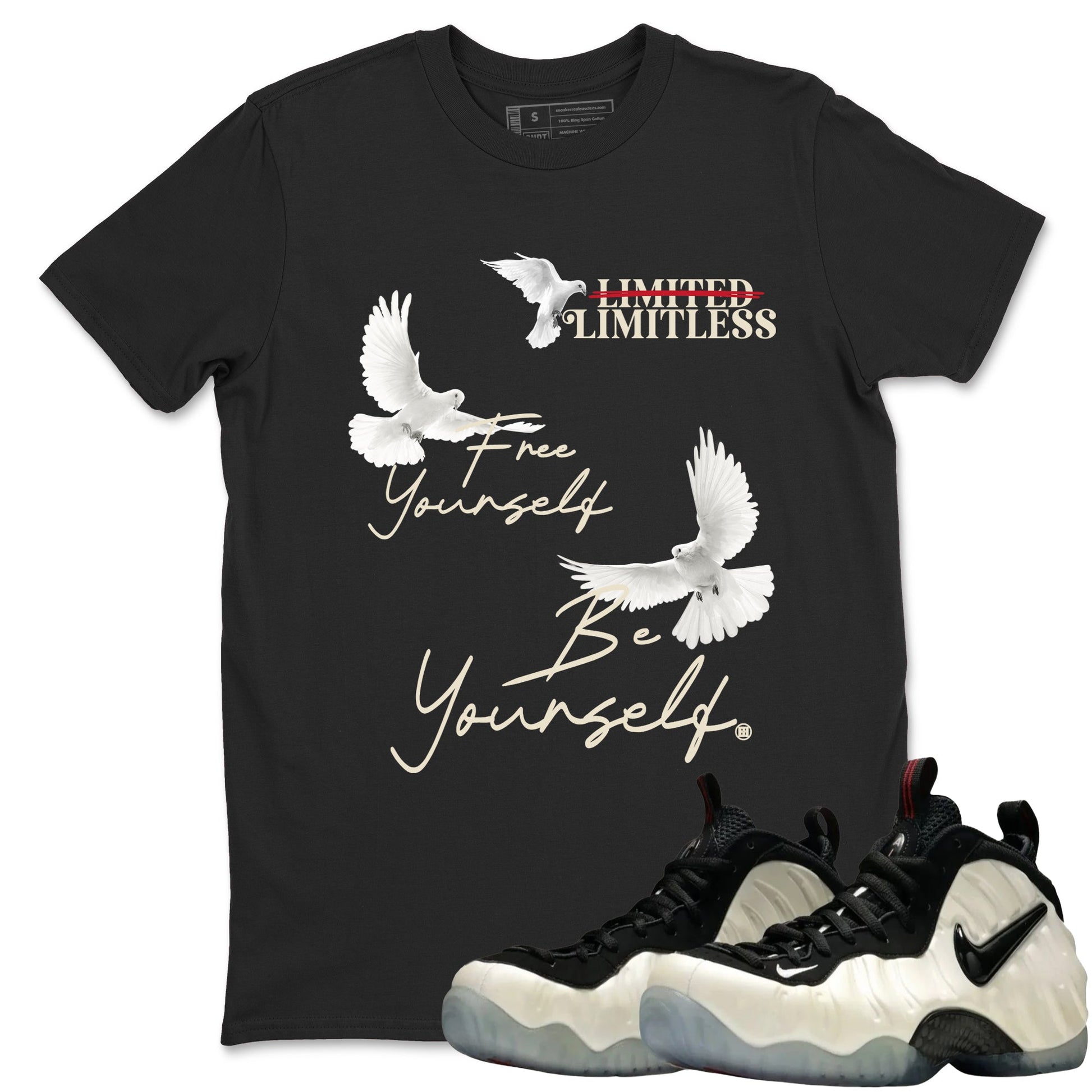 Sneaker Threads – Sneaker Tees To Match Air Foamposite One Pearl – Free Yourself Be Yourself Graphic Tee Black 1. Perfect for Jordan releases 2025 colorways.