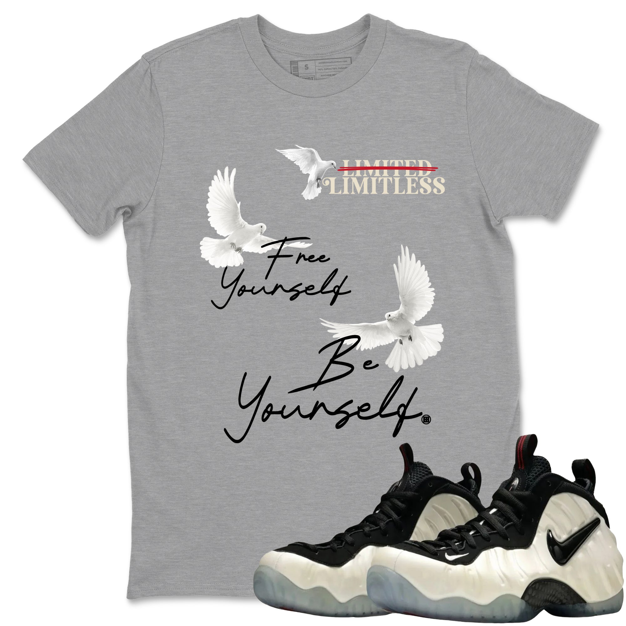 Sneaker Threads – Sneaker Tees To Match Air Foamposite One Pearl – Free Yourself Be Yourself Graphic Tee Heather Grey 1. Perfect for Jordan releases 2025 colorways.