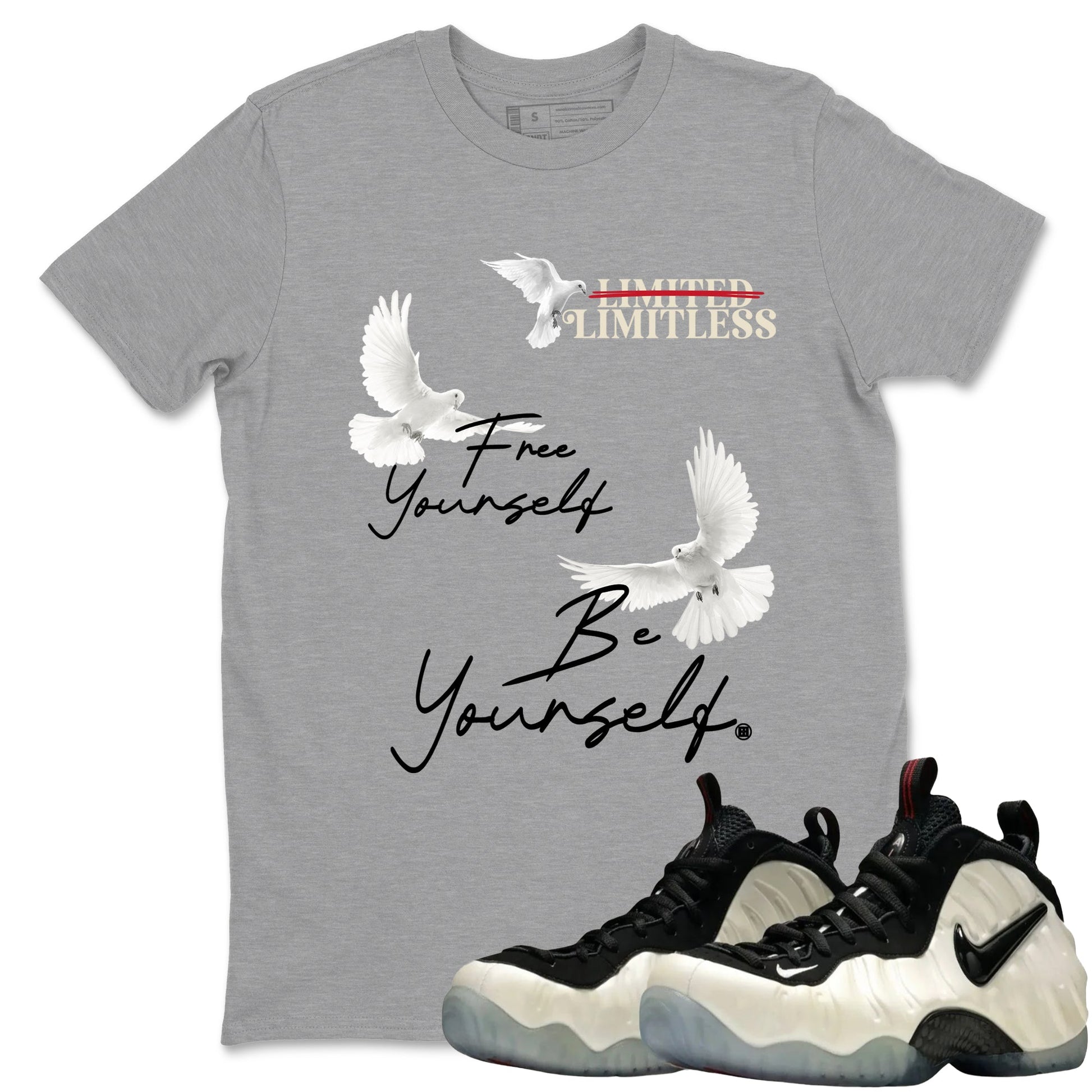 Sneaker Threads – Sneaker Tees To Match Air Foamposite One Pearl – Free Yourself Be Yourself Graphic Tee Heather Grey 1. Perfect for Jordan releases 2025 colorways.